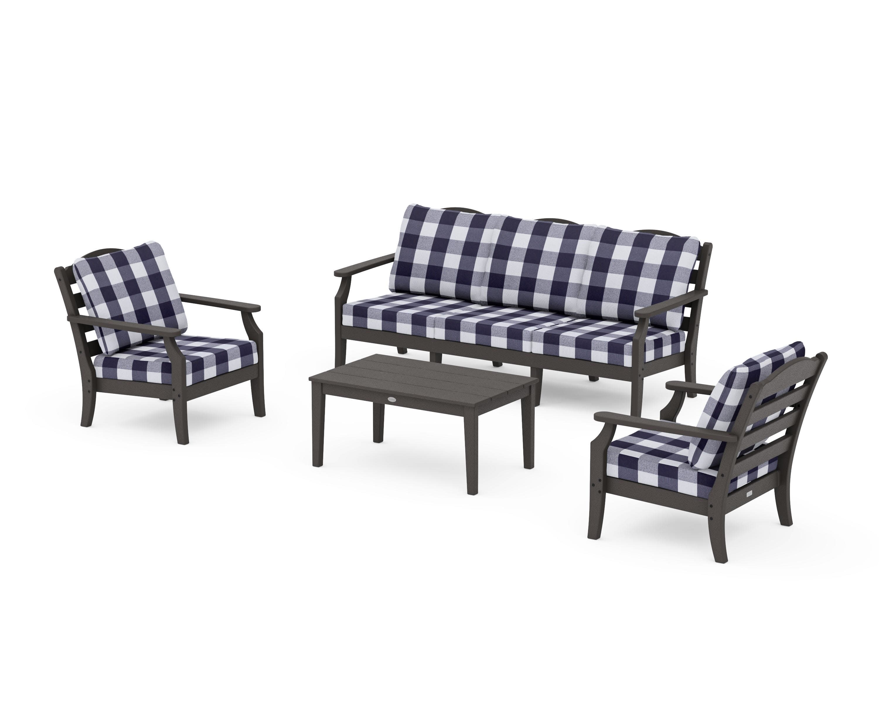 Savannah 4-Piece Deep Seating Set with Sofa in Vintage Coffee / Buffalo Plaid Navy