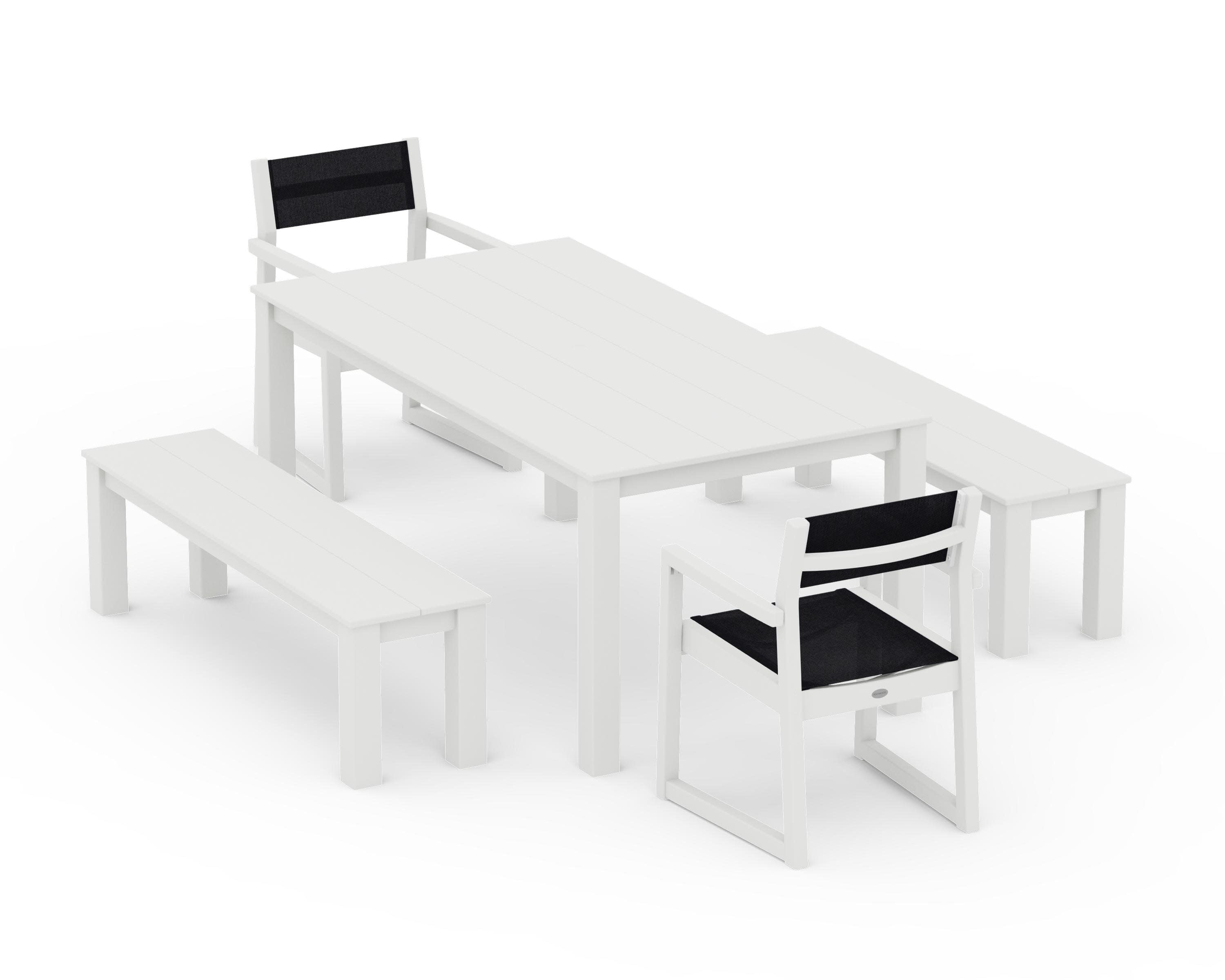 EDGE Sling Arm Chair 5-Piece Parsons Dining Set with Benches in Vintage White / Black Sling