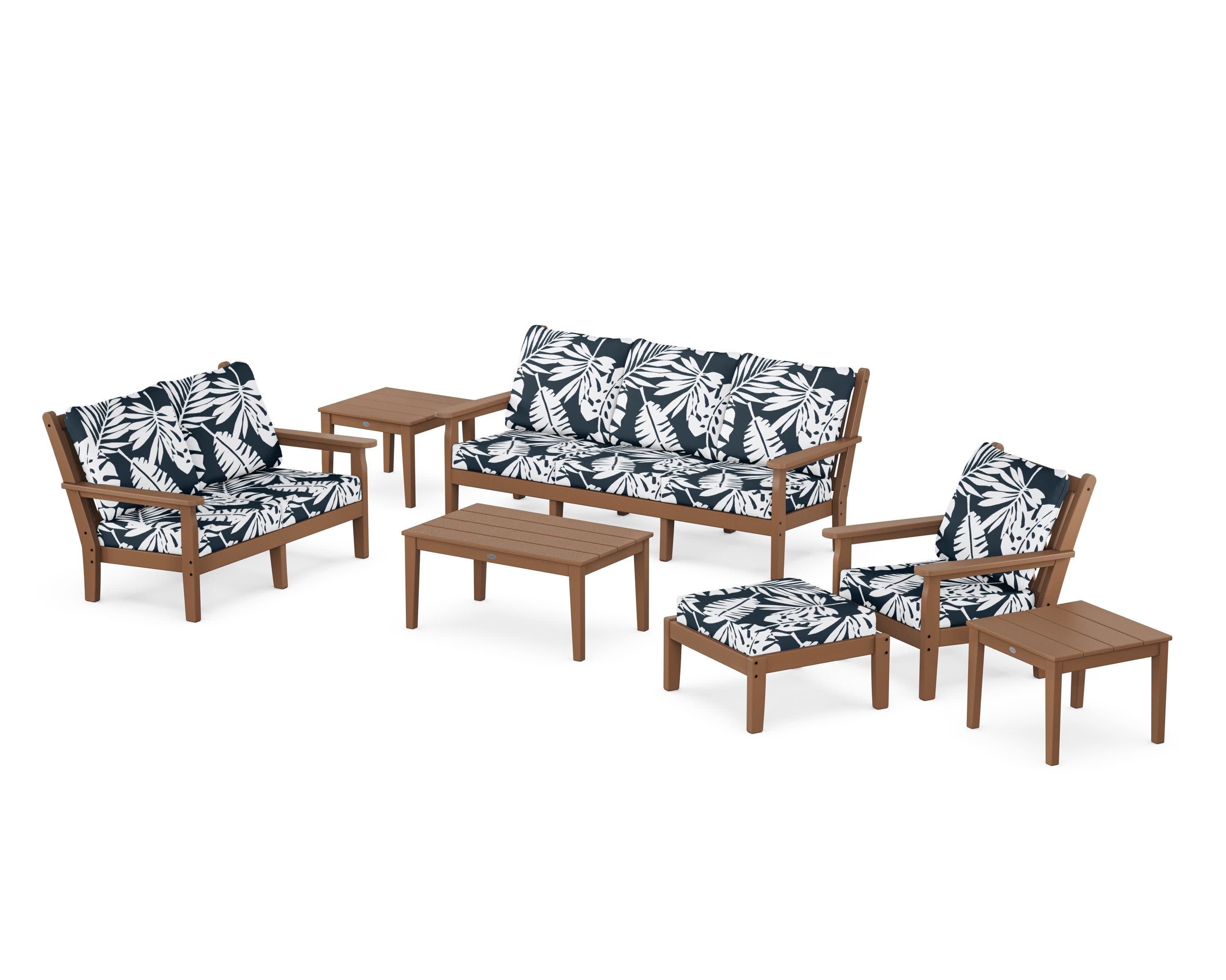 Chippendale 7-Piece Deep Seating Set in Teak / Leaf Marine Indigo