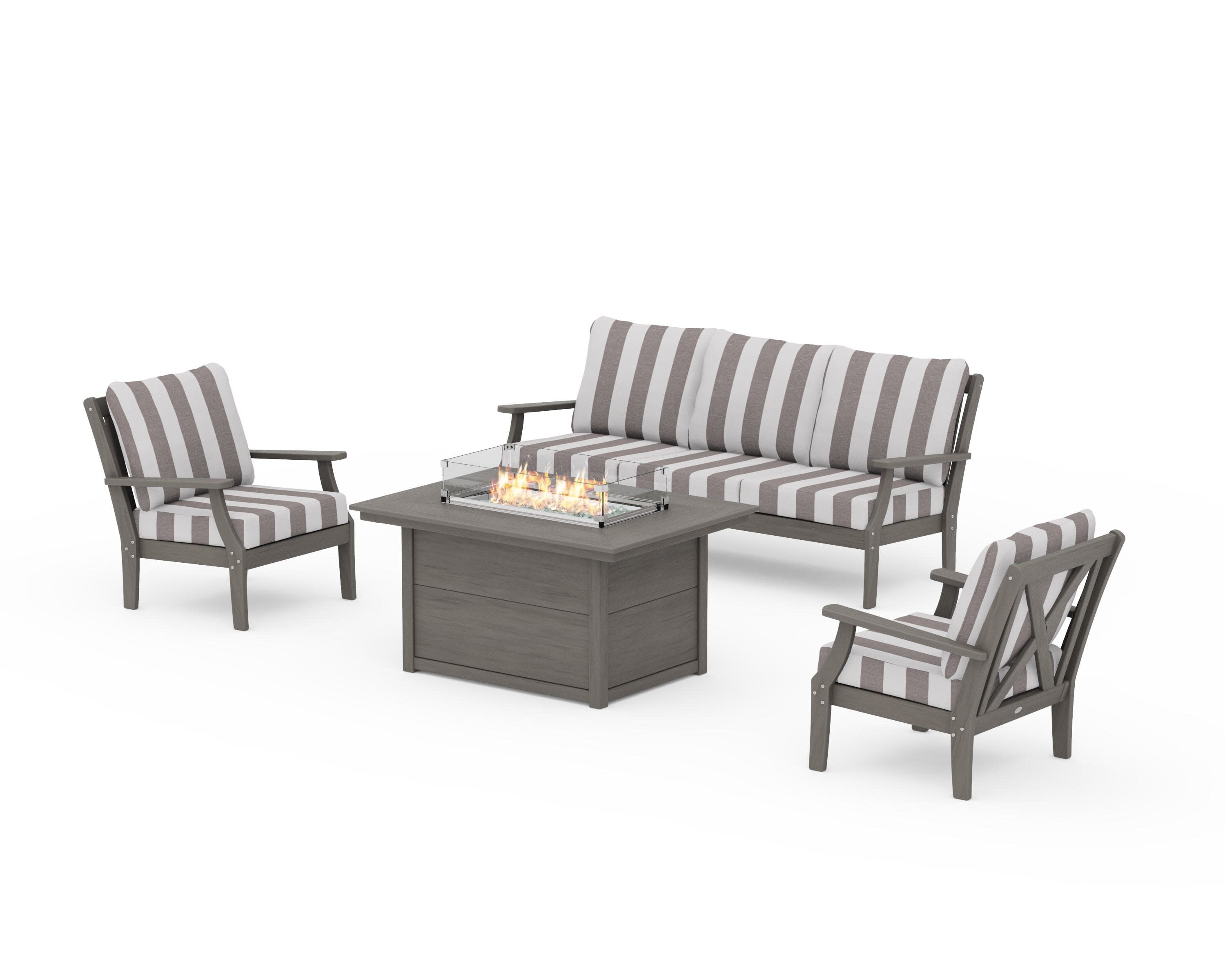 Braxton Deep Seating Fire Pit Table Set in Driftwood / Cabana Stripe Grey Mist
