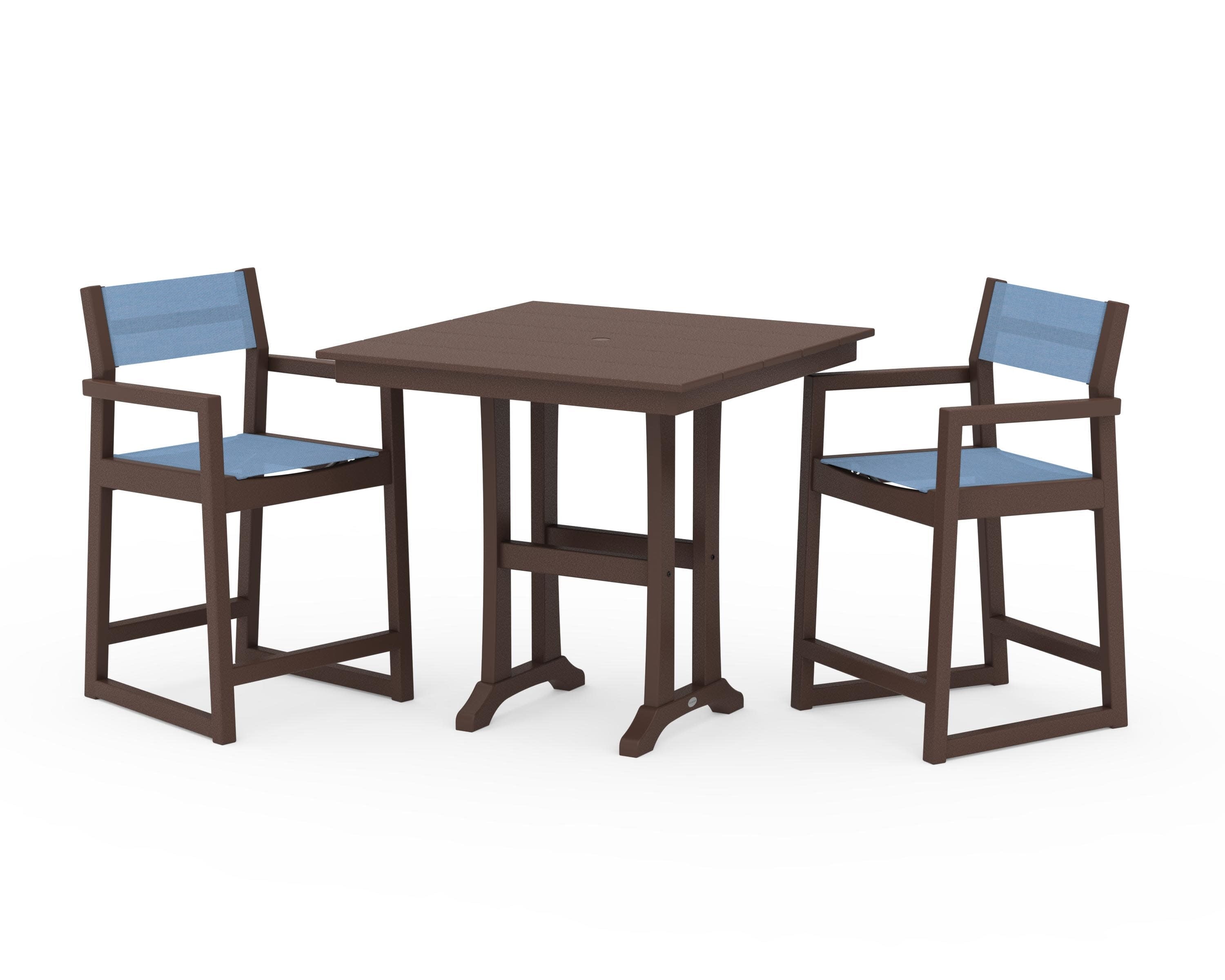 EDGE Sling Arm Chair 3-Piece Farmhouse Counter Set with Trestle Legs in Mahogany / Poolside Sling