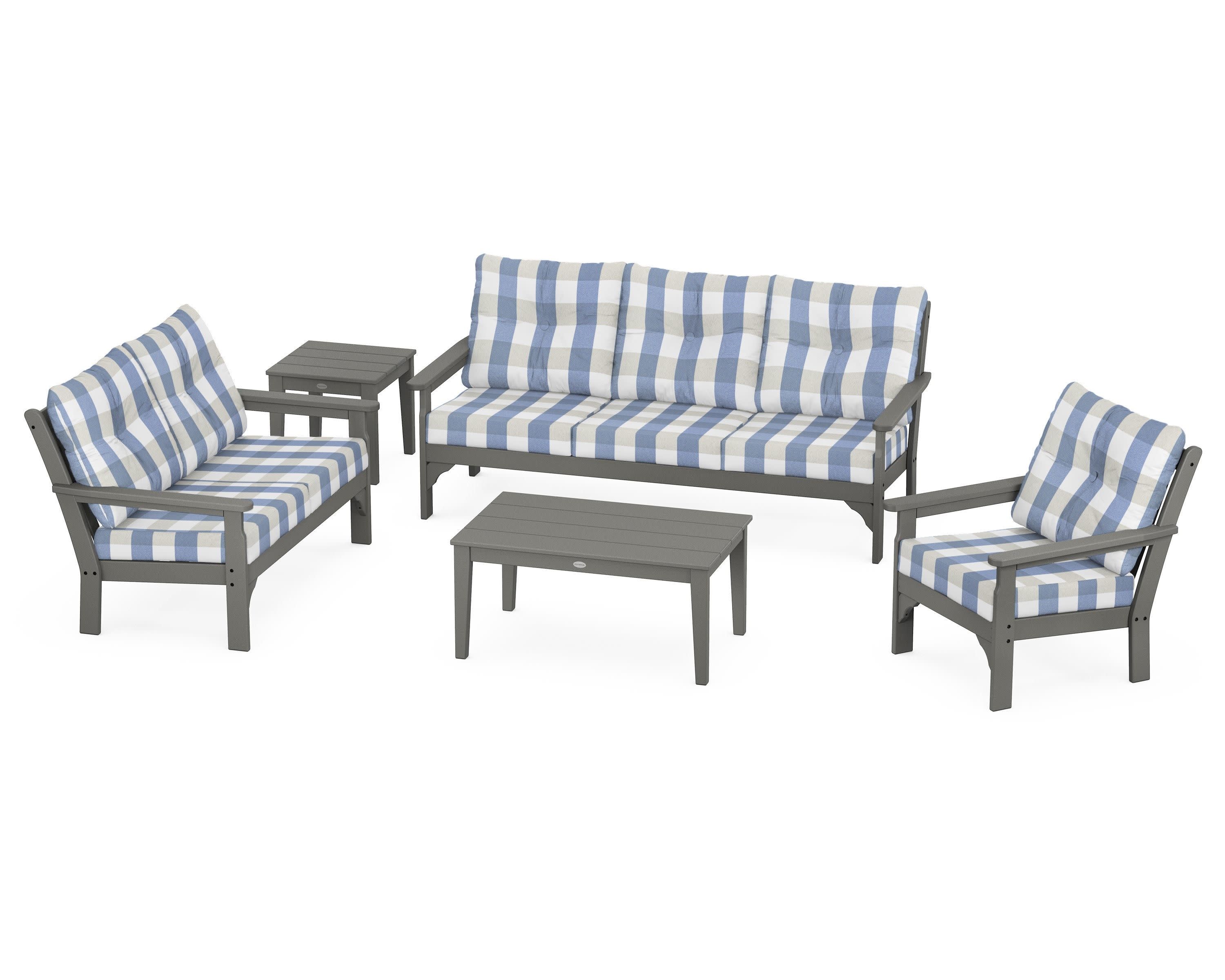 Vineyard 5 Piece Deep Seating Set in Slate Grey / Buffalo Plaid Sky Blue