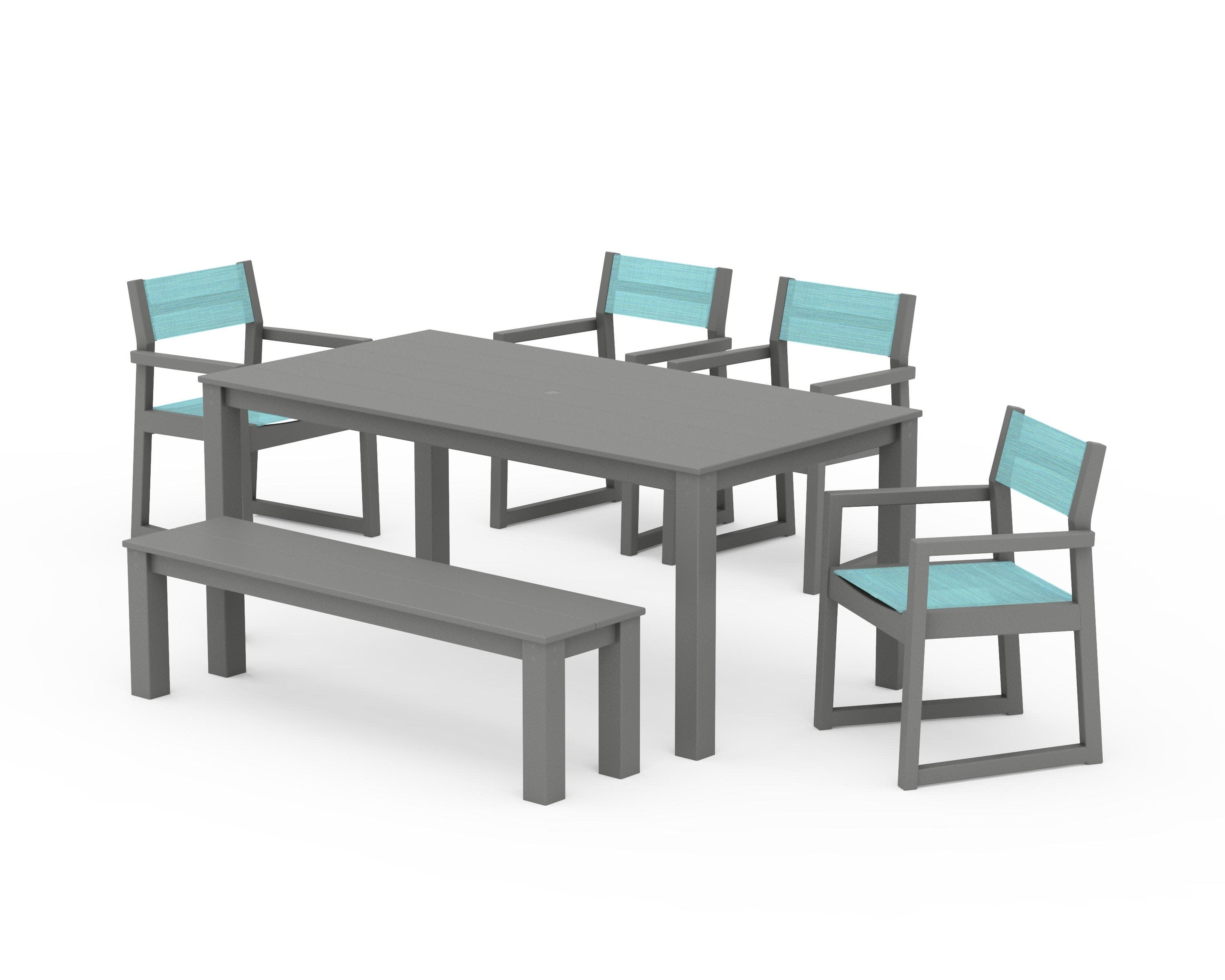EDGE Sling Arm Chair 6-Piece Parsons Dining Set with Bench in Slate Grey / Dupioni Aquamarine Sling