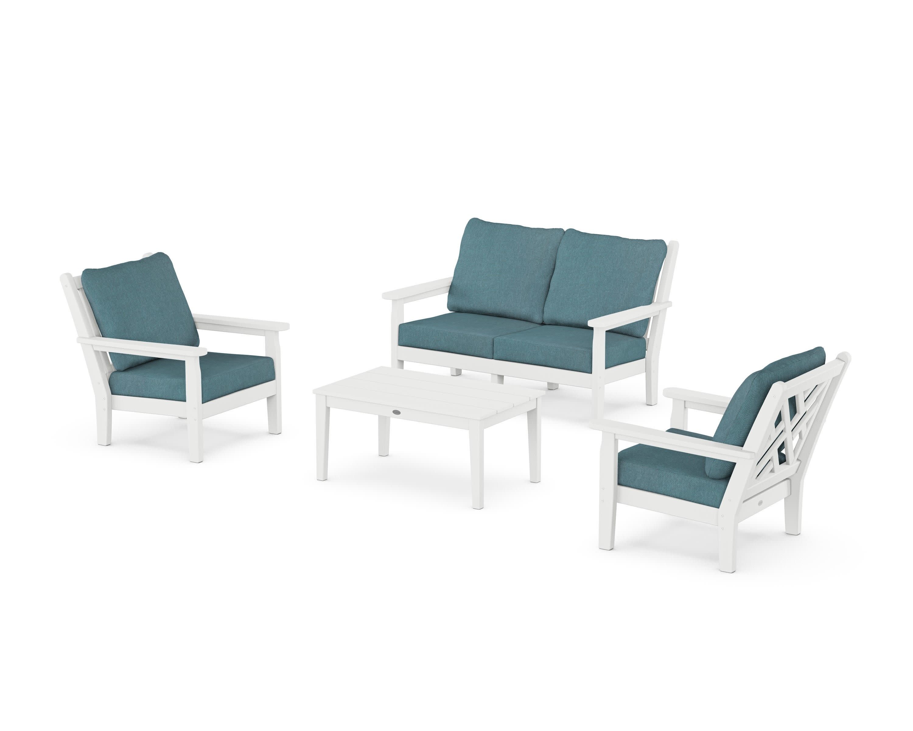 Chippendale 4-Piece Deep Seating Set with Loveseat in White / Ocean Teal