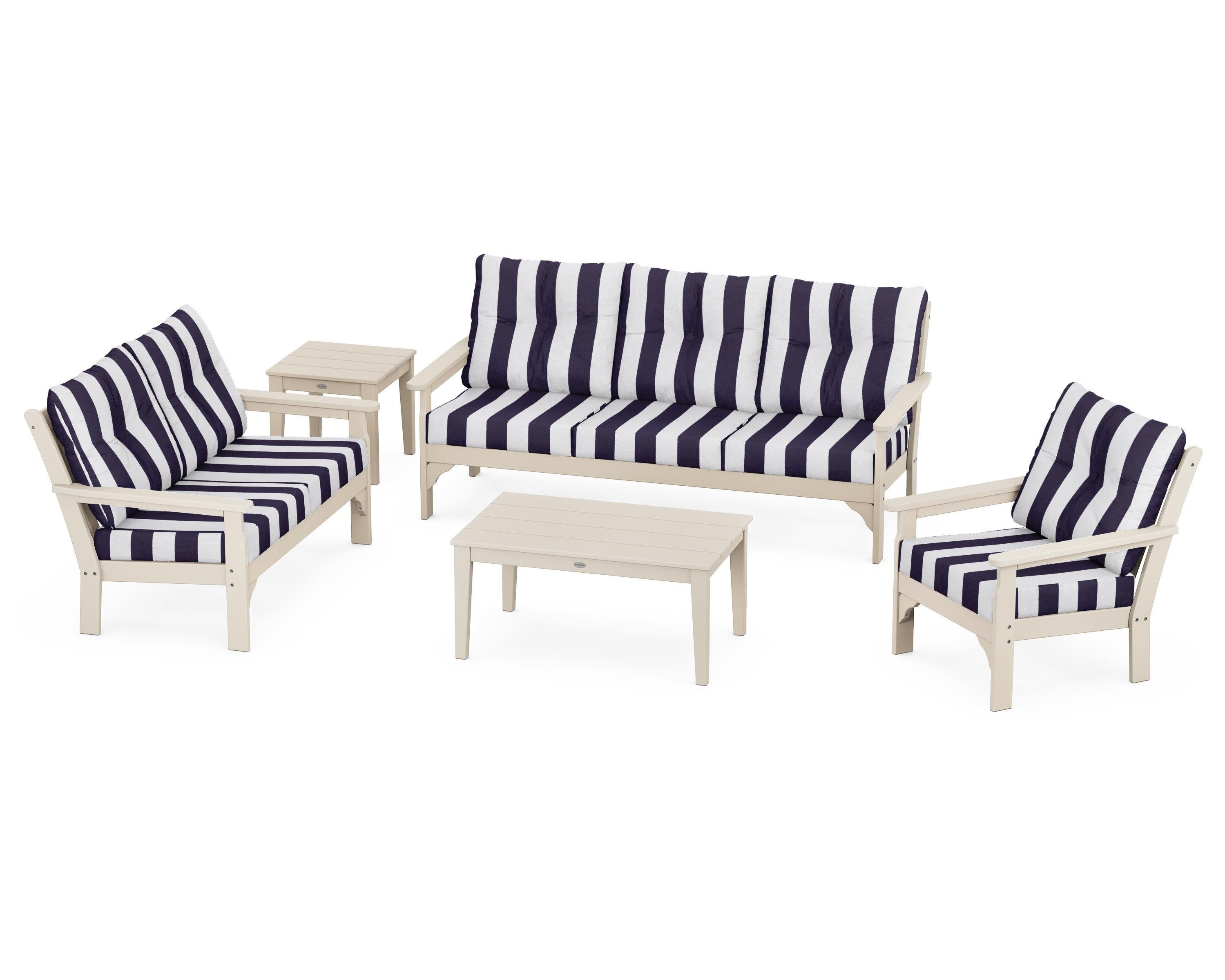 Vineyard 5 Piece Deep Seating Set in Sand / Cabana Stripe Navy