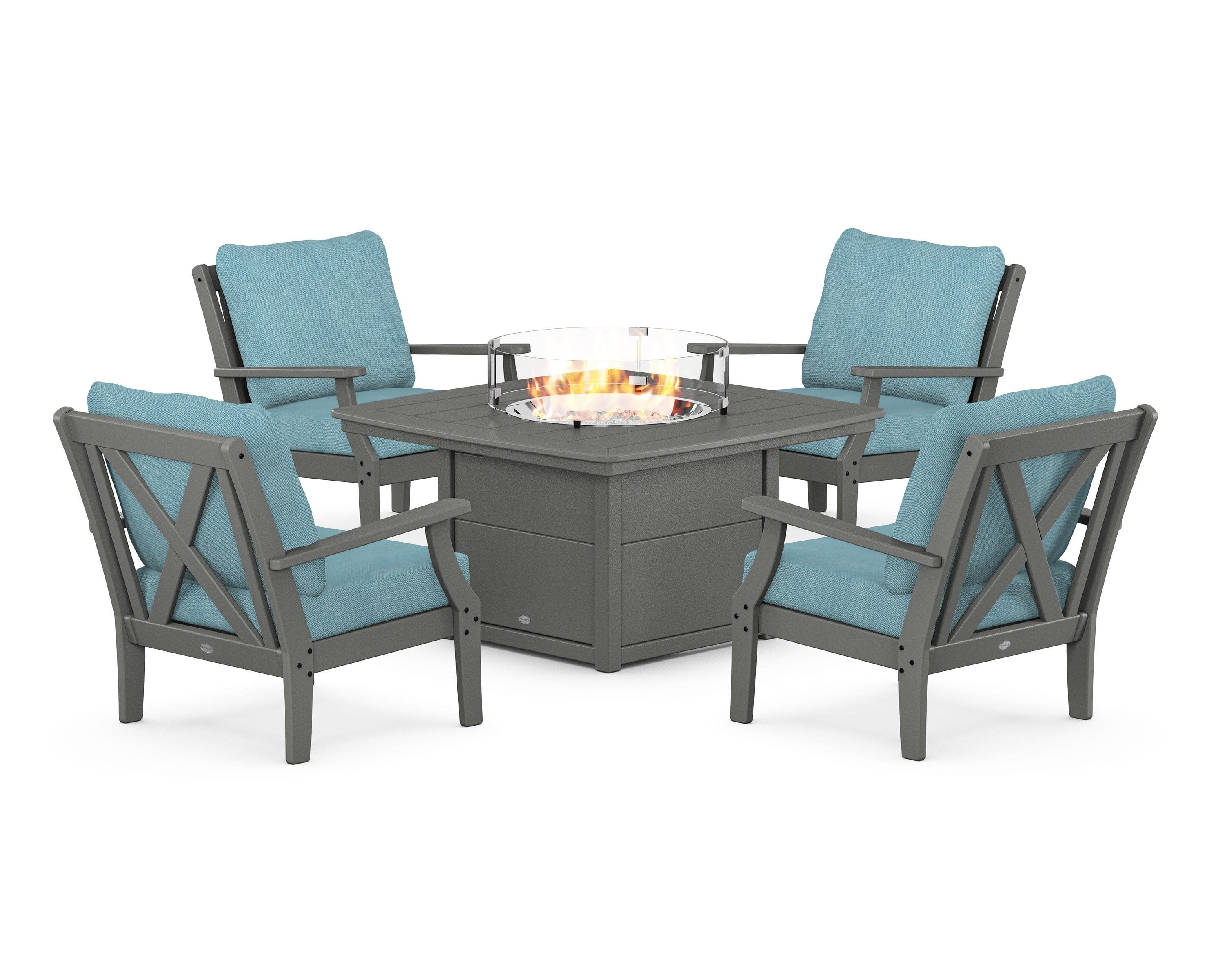 Braxton 5-Piece Deep Seating Conversation Set with Fire Pit Table in Slate Grey / Lattice Sky Blue