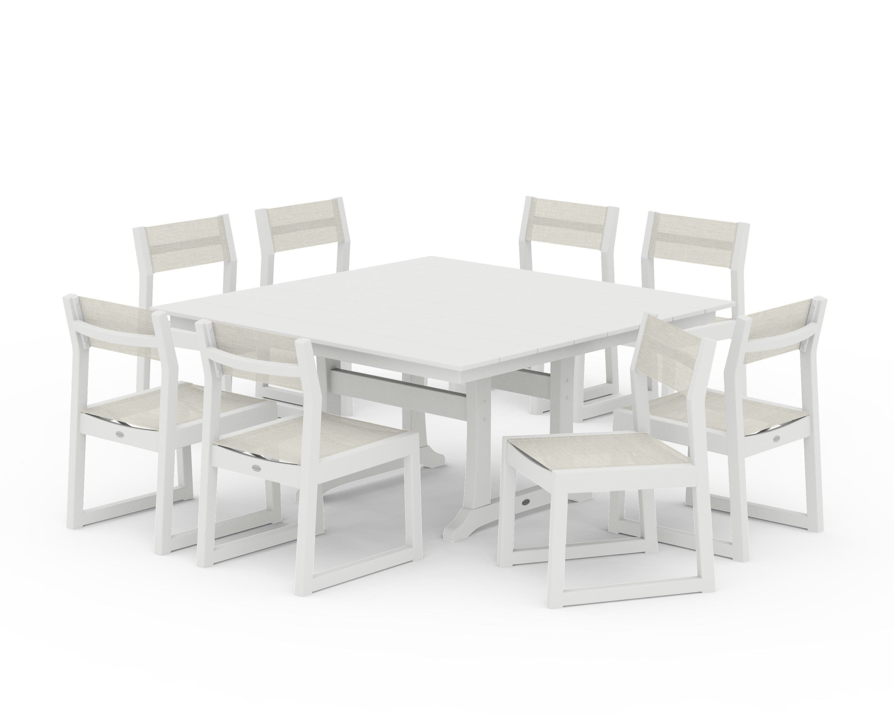 EDGE Sling Side Chair 9-Piece Farmhouse Trestle Dining Set in Vintage White / Parchment Sling