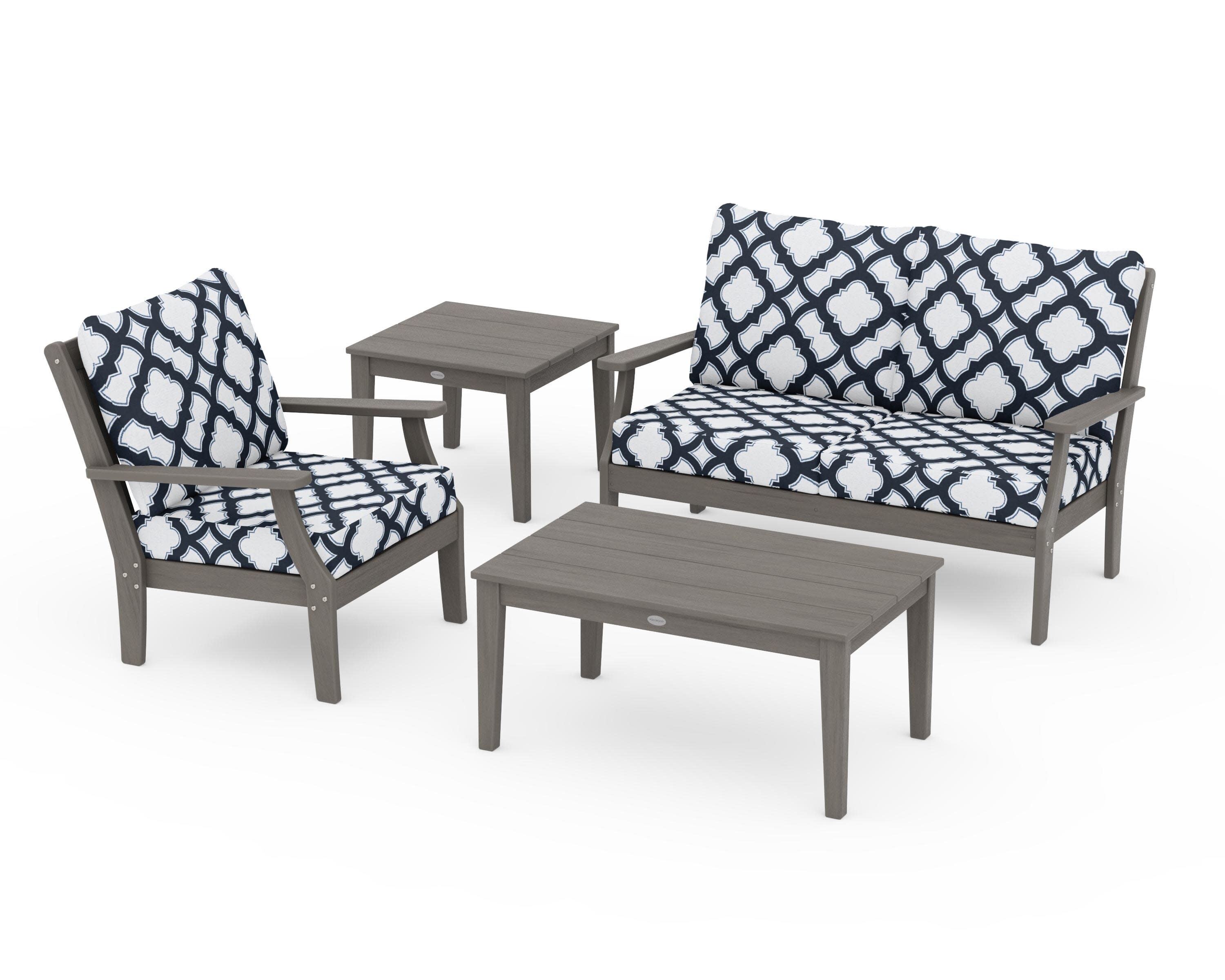 Braxton 4-Piece Deep Seating Set in Driftwood / Trellis Marine Indigo