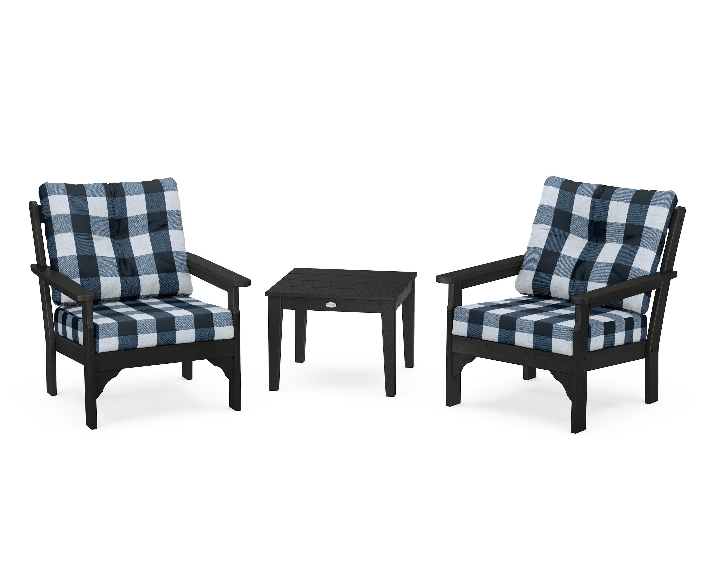 Vineyard 3-Piece Deep Seating Set in Black / Buffalo Plaid Marine Indigo
