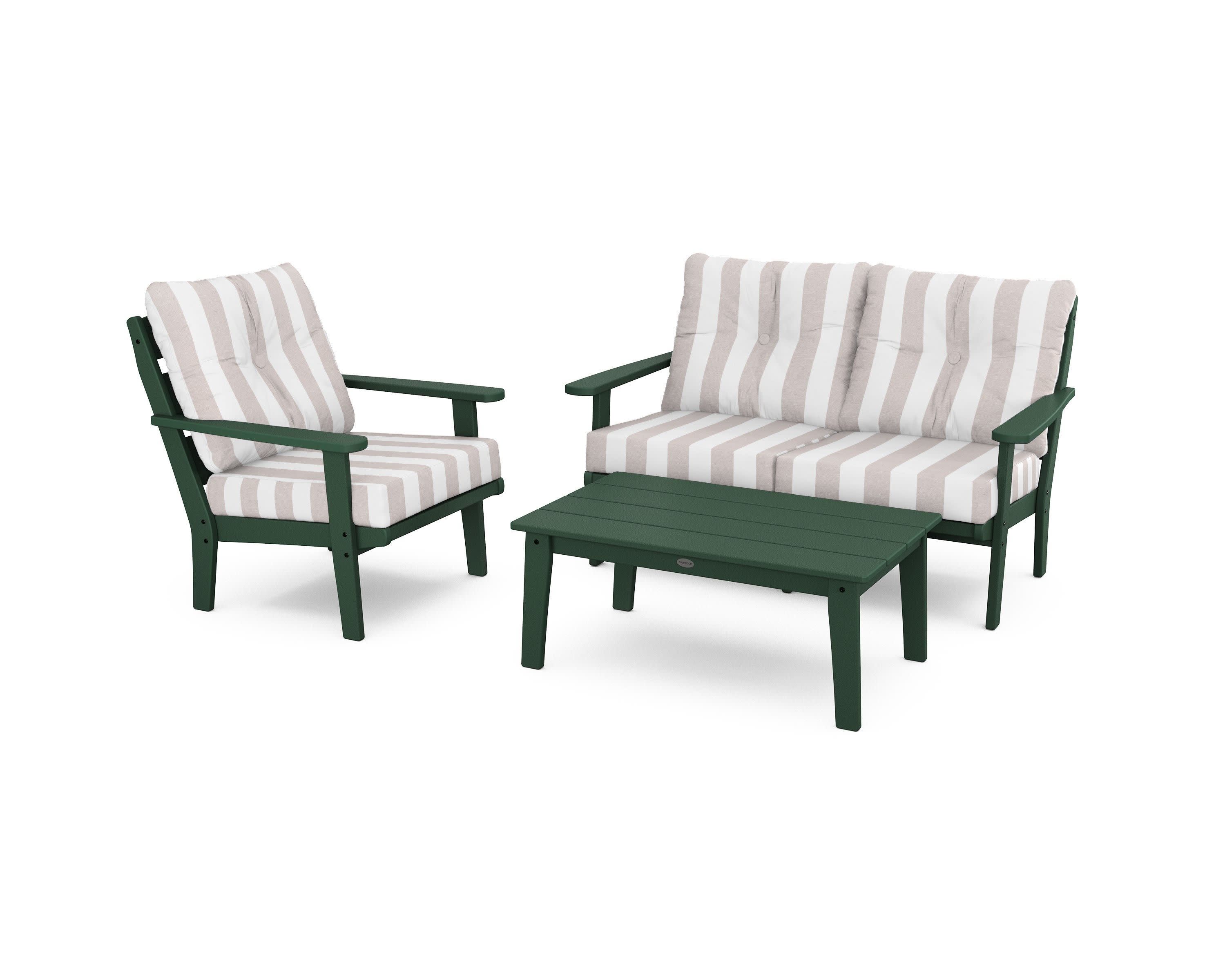 Lakeside 3-Piece Deep Seating Set in Green / Cabana Stripe Dune Burlap