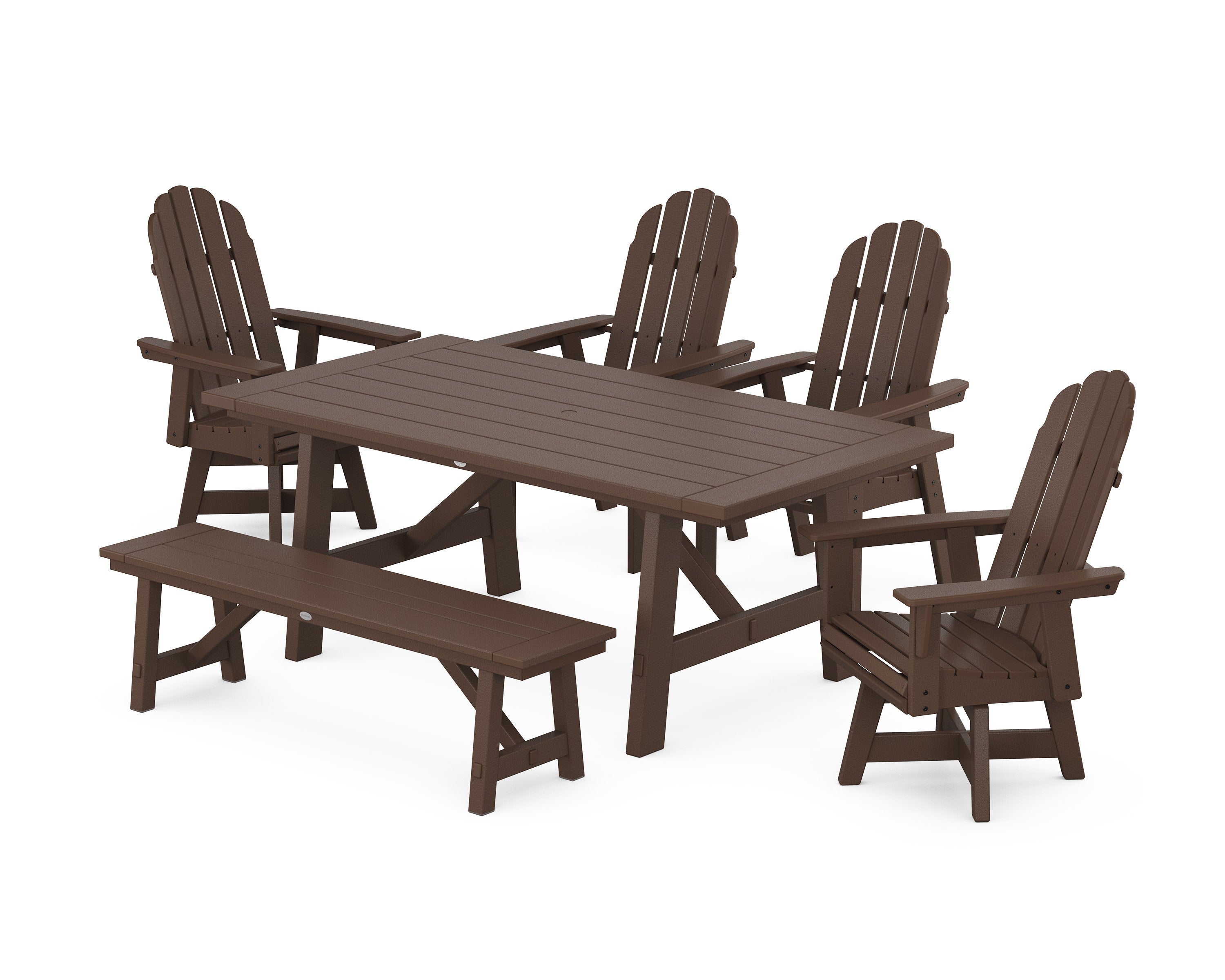 Vineyard Curveback Adirondack Swivel Chair 6-Piece Rustic Farmhouse Dining Set With Bench in Mahogany