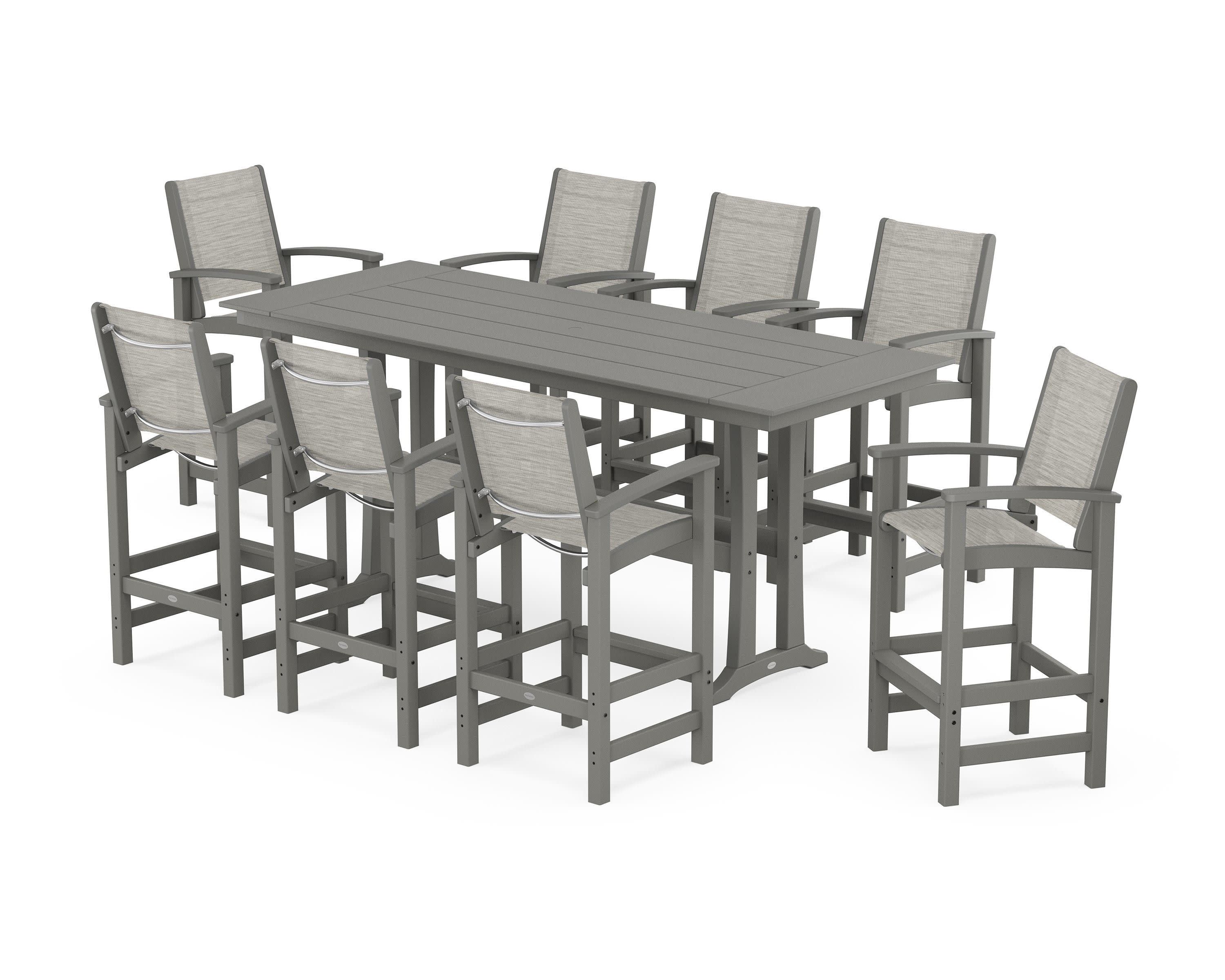 Coastal 9-Piece Farmhouse Bar Set with Trestle Legs in Slate Grey / Birch Sling