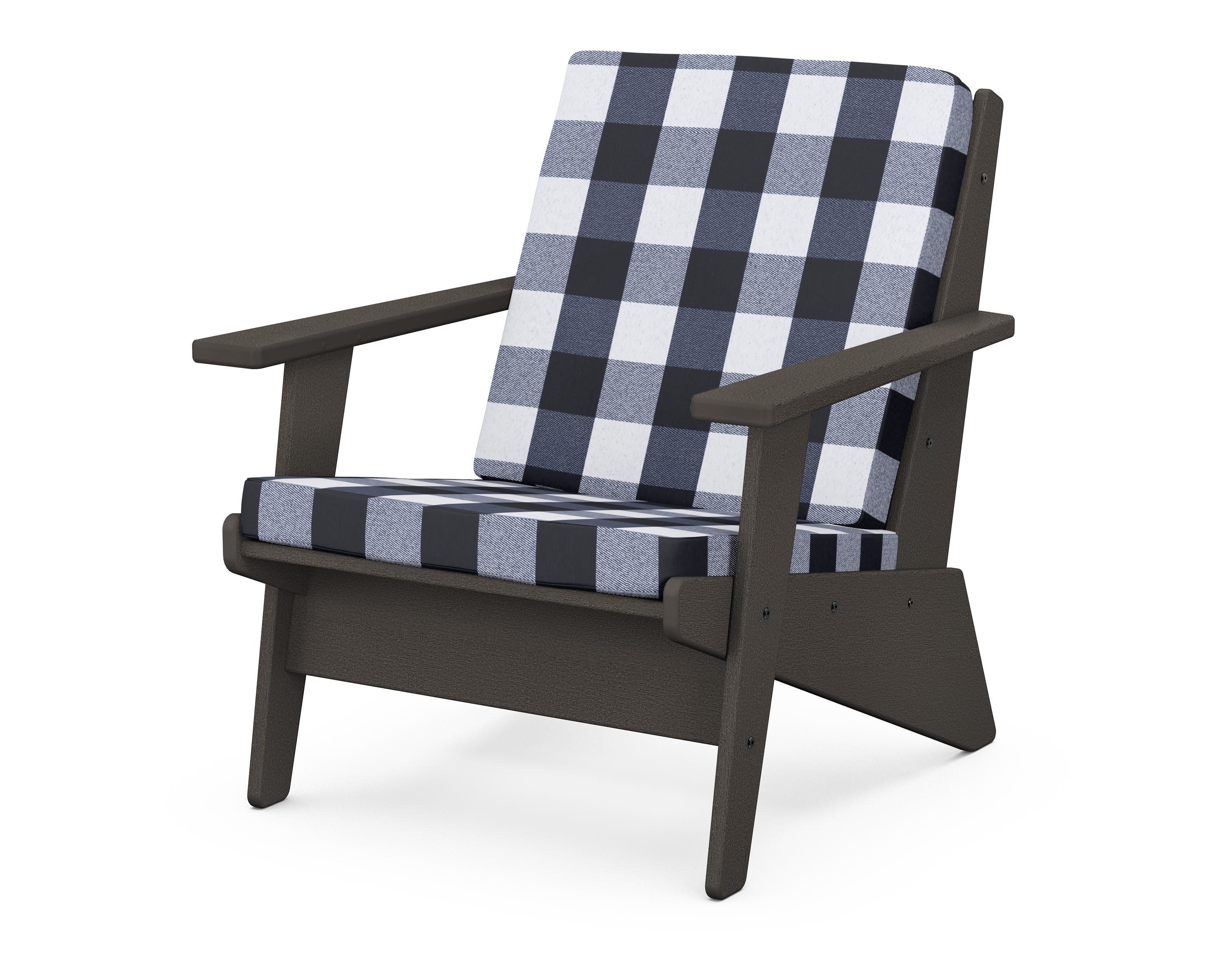 Riviera Modern Lounge Chair in Vintage Coffee / Buffalo Plaid Marine Indigo