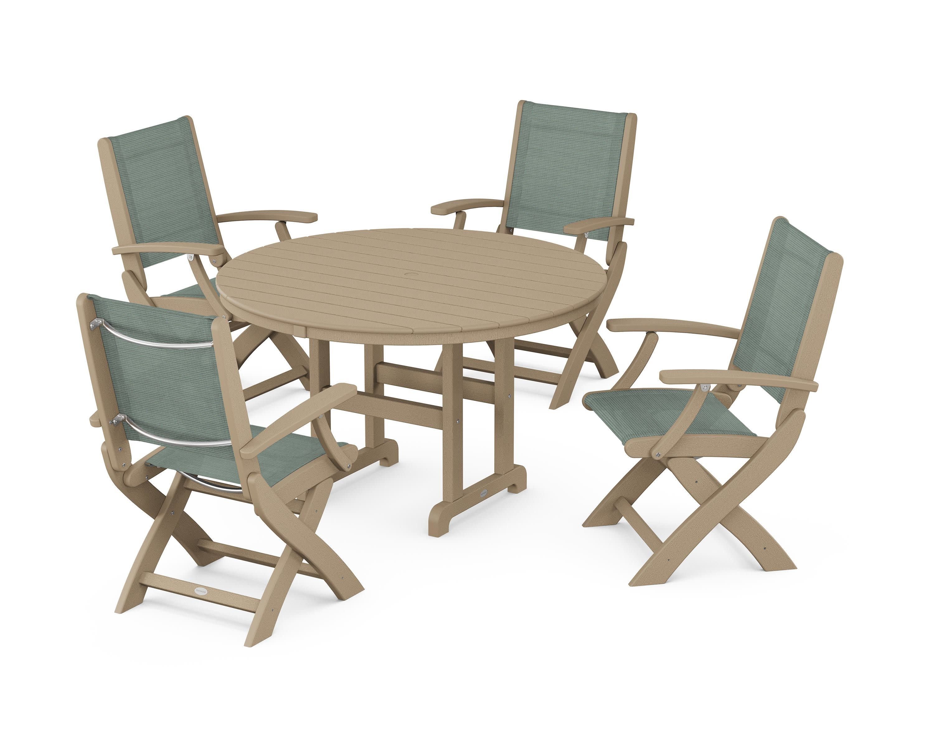 Coastal Folding Chair 5-Piece Round Dining Set in Vintage Sahara / Dupioni Sea Mist Sling