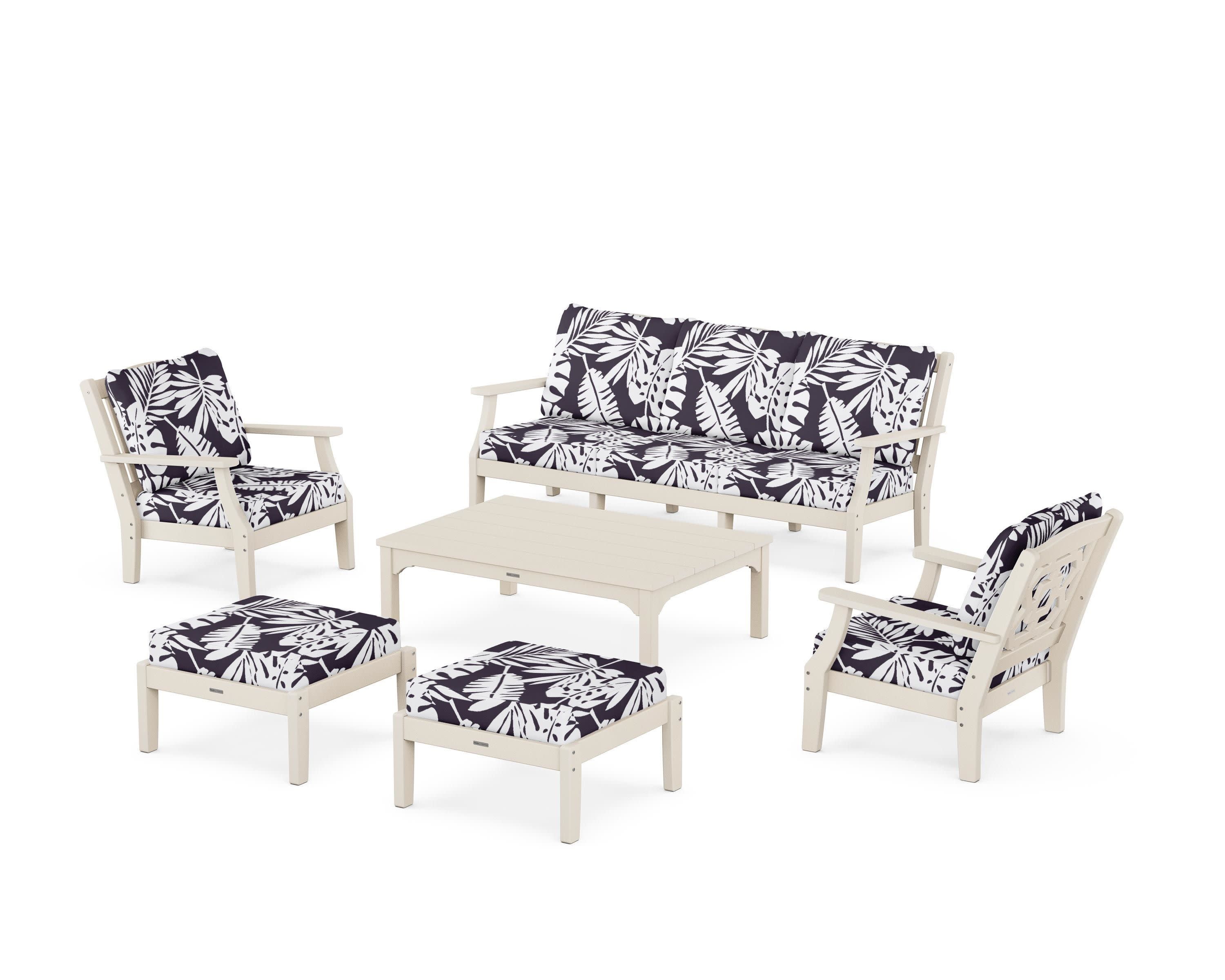 Chinoiserie 6-Piece Lounge Sofa Set in Sand / Leaf Navy