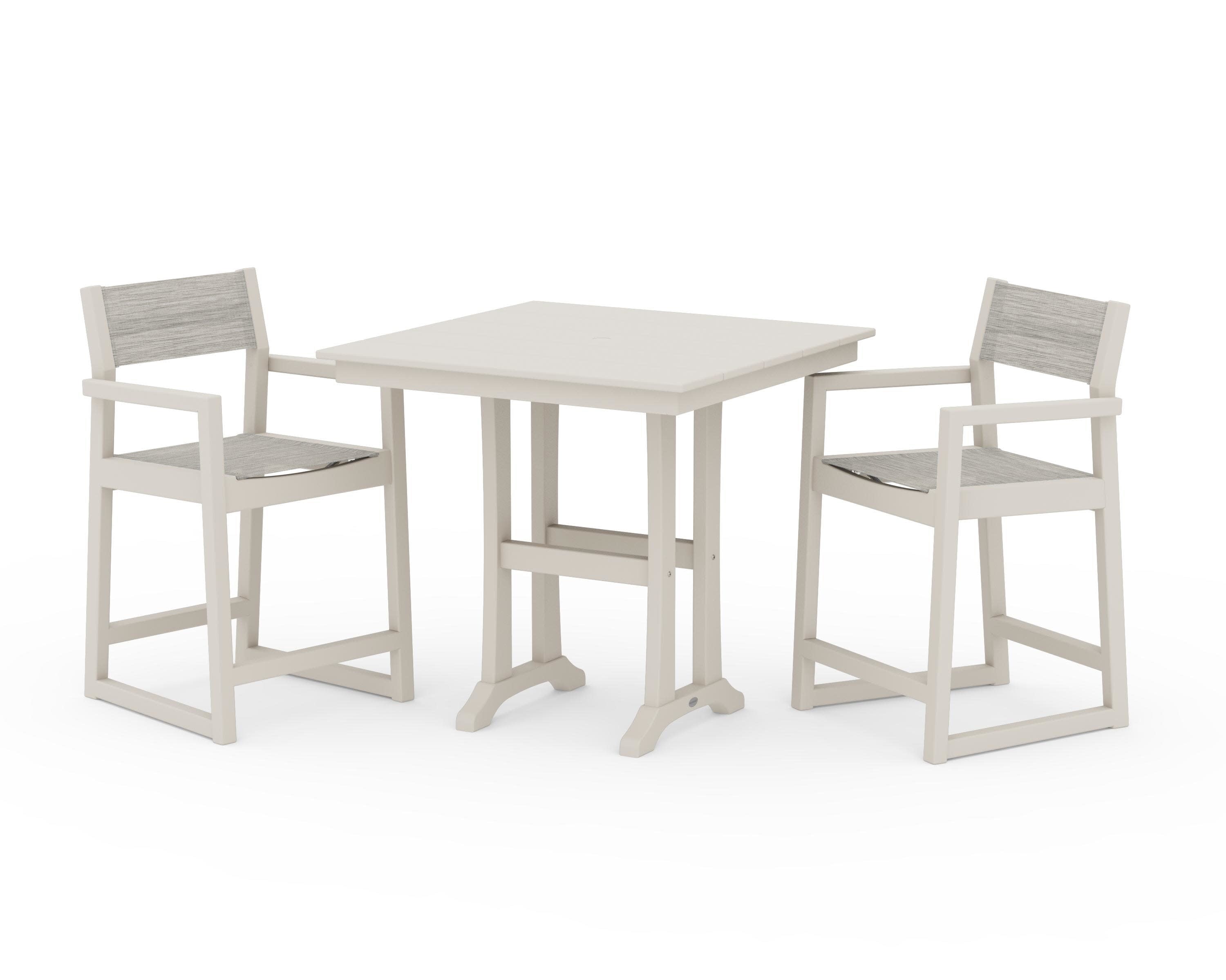 EDGE Sling Arm Chair 3-Piece Farmhouse Counter Set with Trestle Legs in Sand / Birch Sling