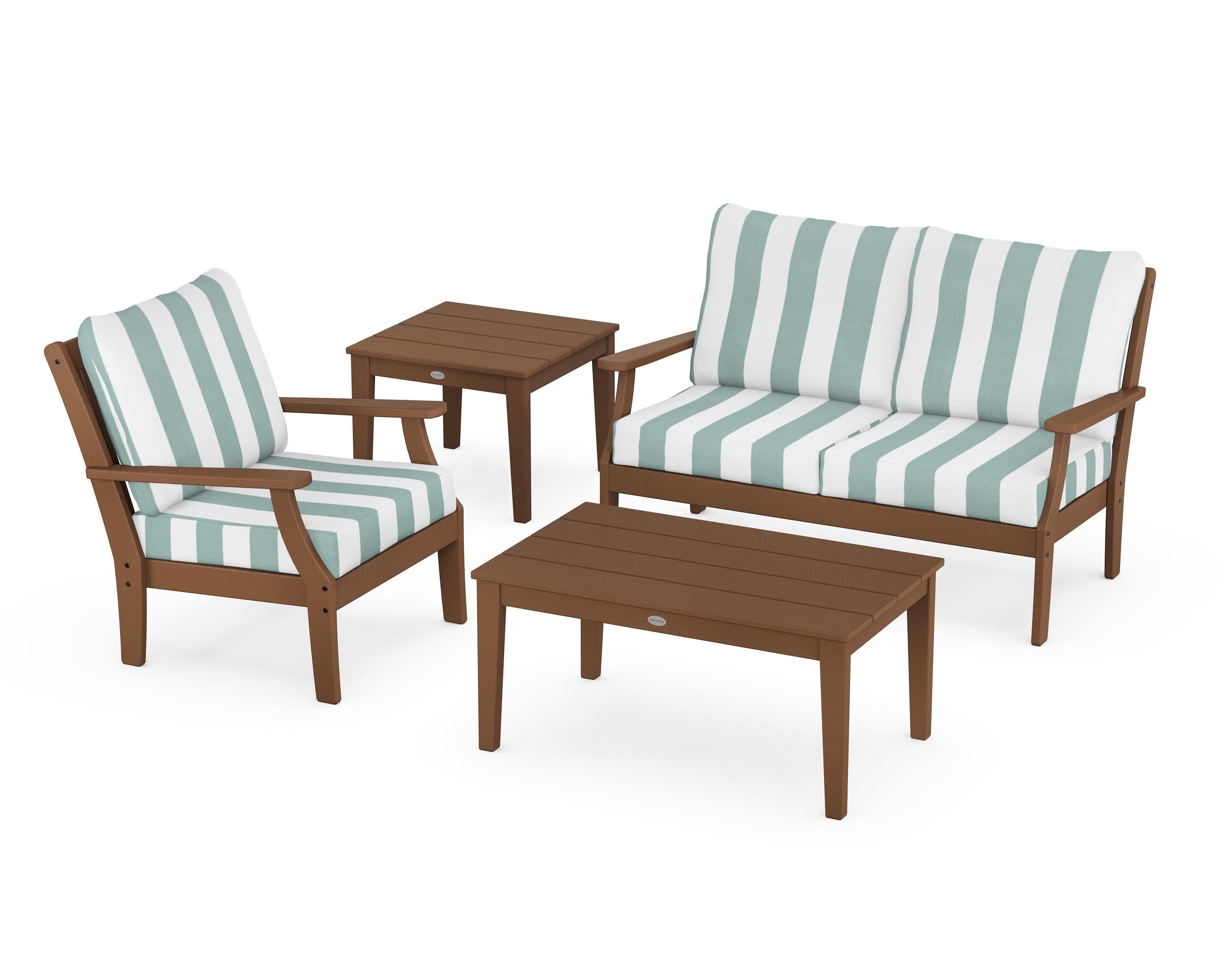 Braxton 4-Piece Deep Seating Set in Teak / Cabana Stripe Glacier Spa