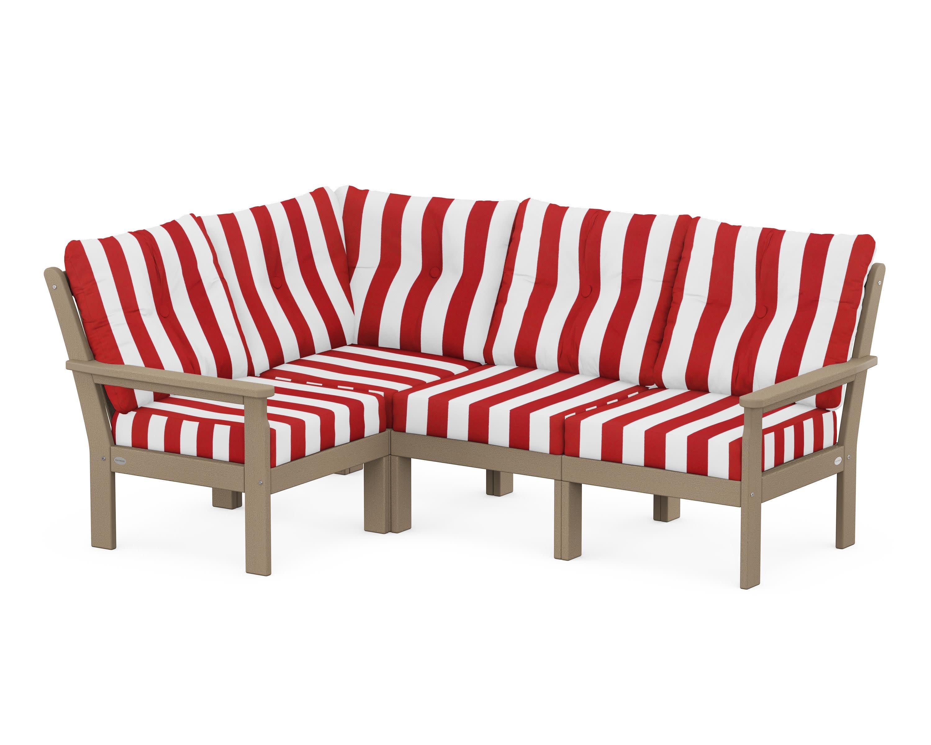 Vineyard 4-Piece Sectional in Vintage Sahara / Cabana Stripe Crimson