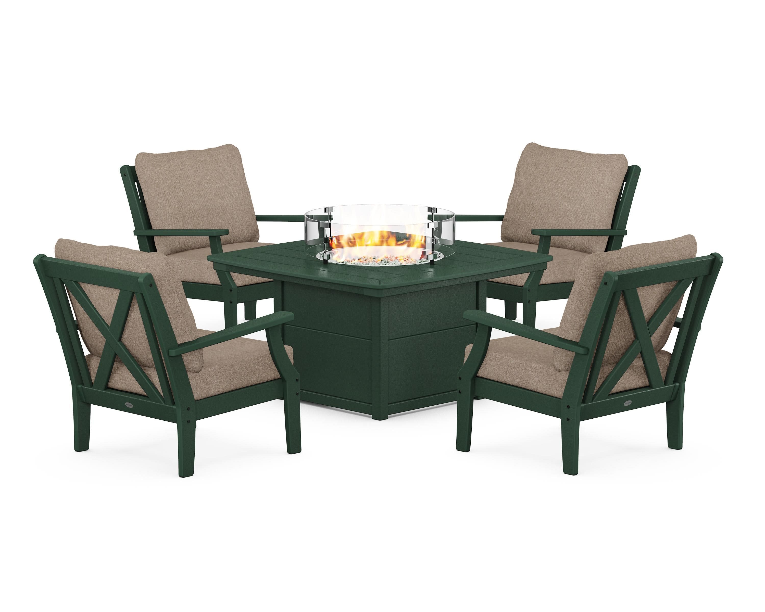 Braxton 5-Piece Deep Seating Conversation Set with Fire Pit Table in Green / Spiced Burlap