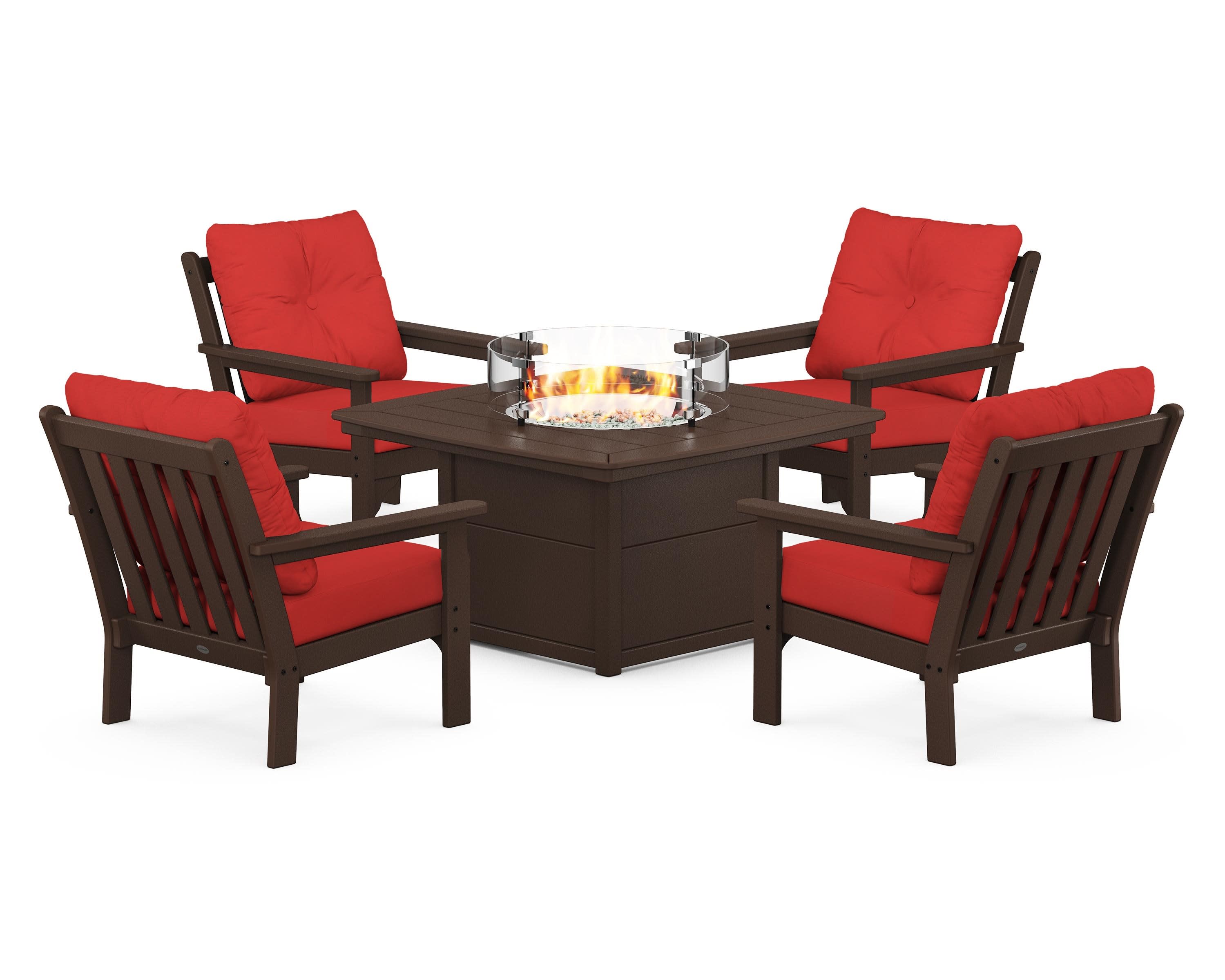 Vineyard 5-Piece Conversation Set with Fire Pit Table in Mahogany / Crimson Linen