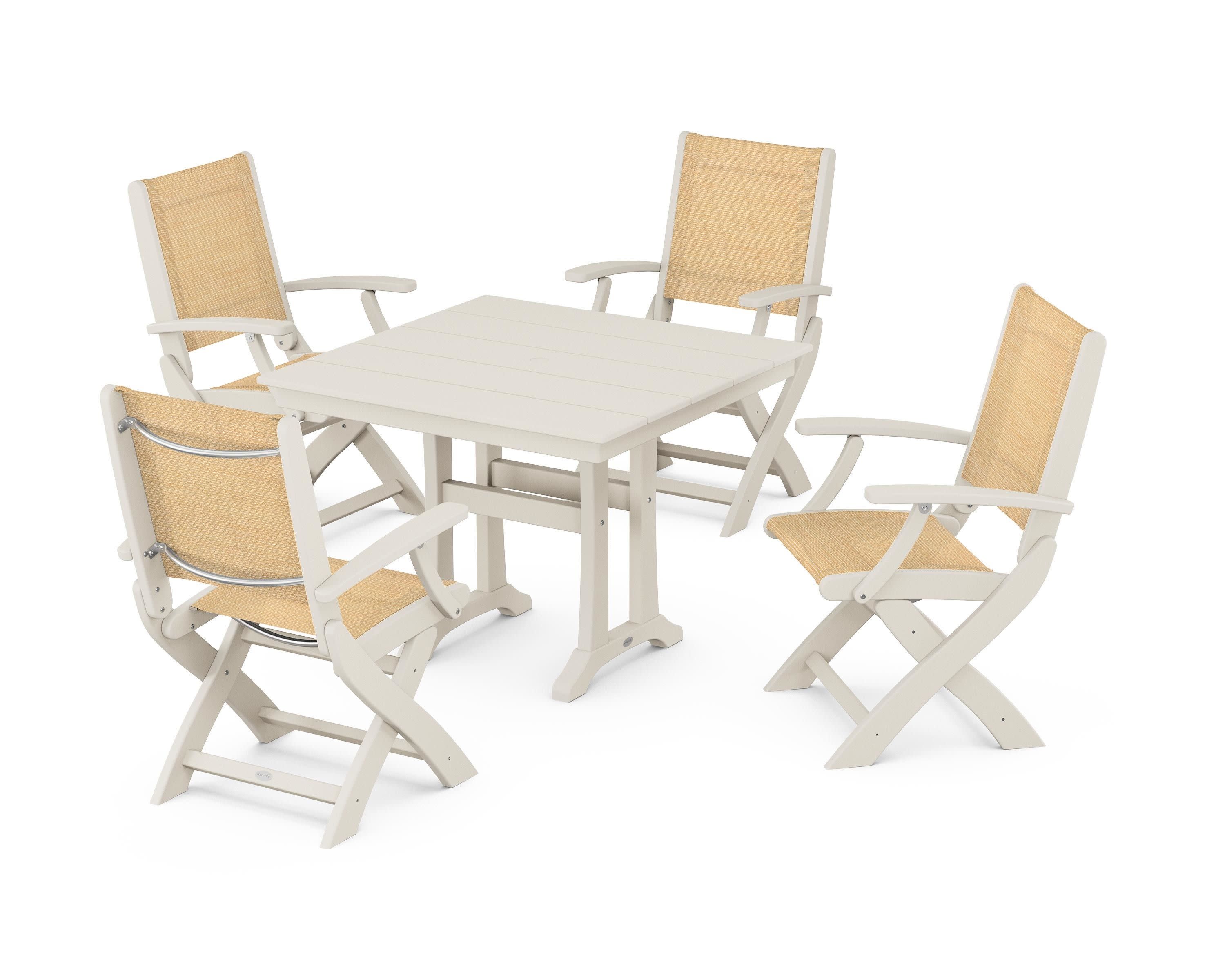 Coastal Folding Chair 5-Piece Farmhouse Dining Set With Trestle Legs in Sand / Dupioni Apricot Sling