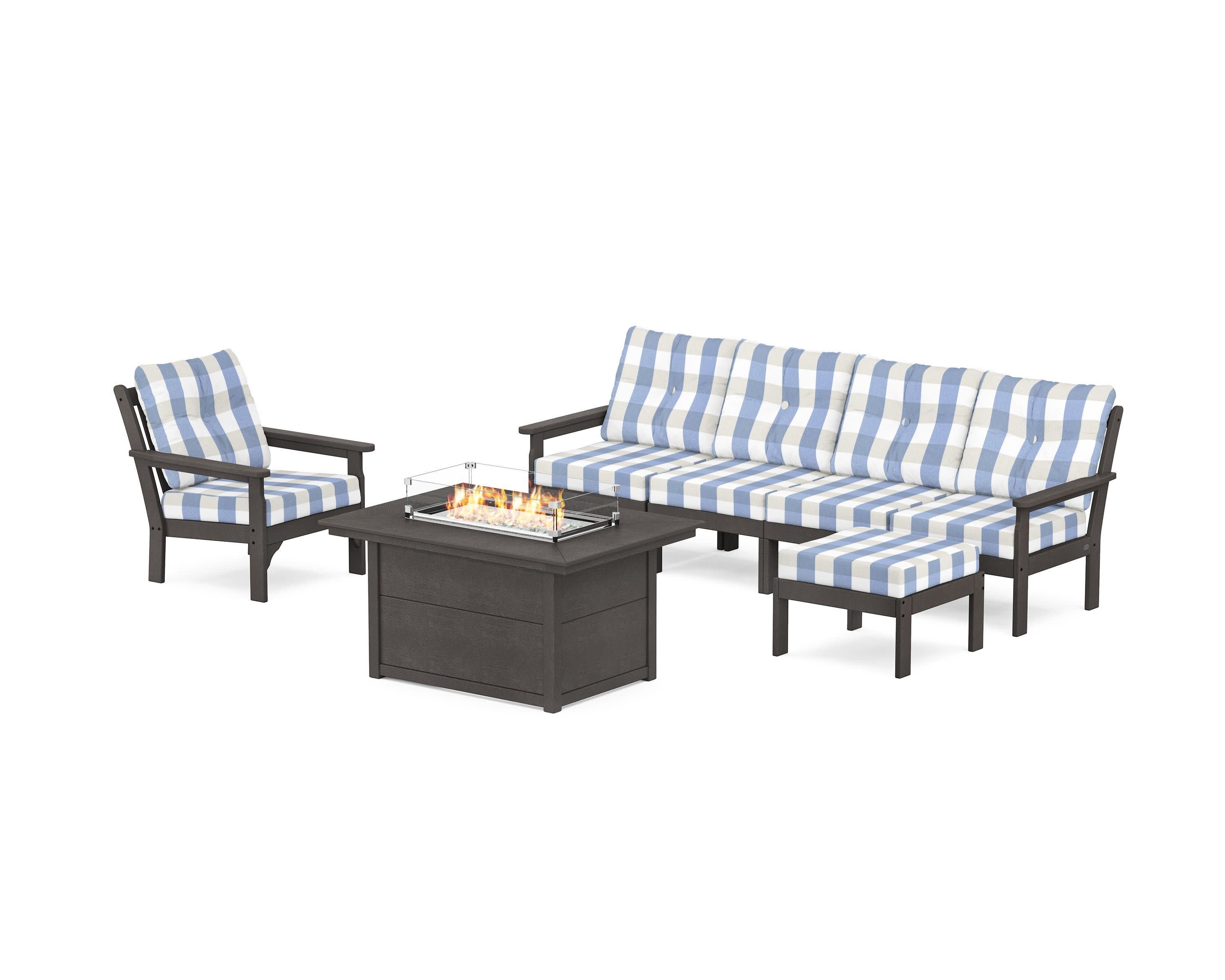 Vineyard Sectional Lounge and Fire Pit Set in Vintage Coffee / Buffalo Plaid Sky Blue