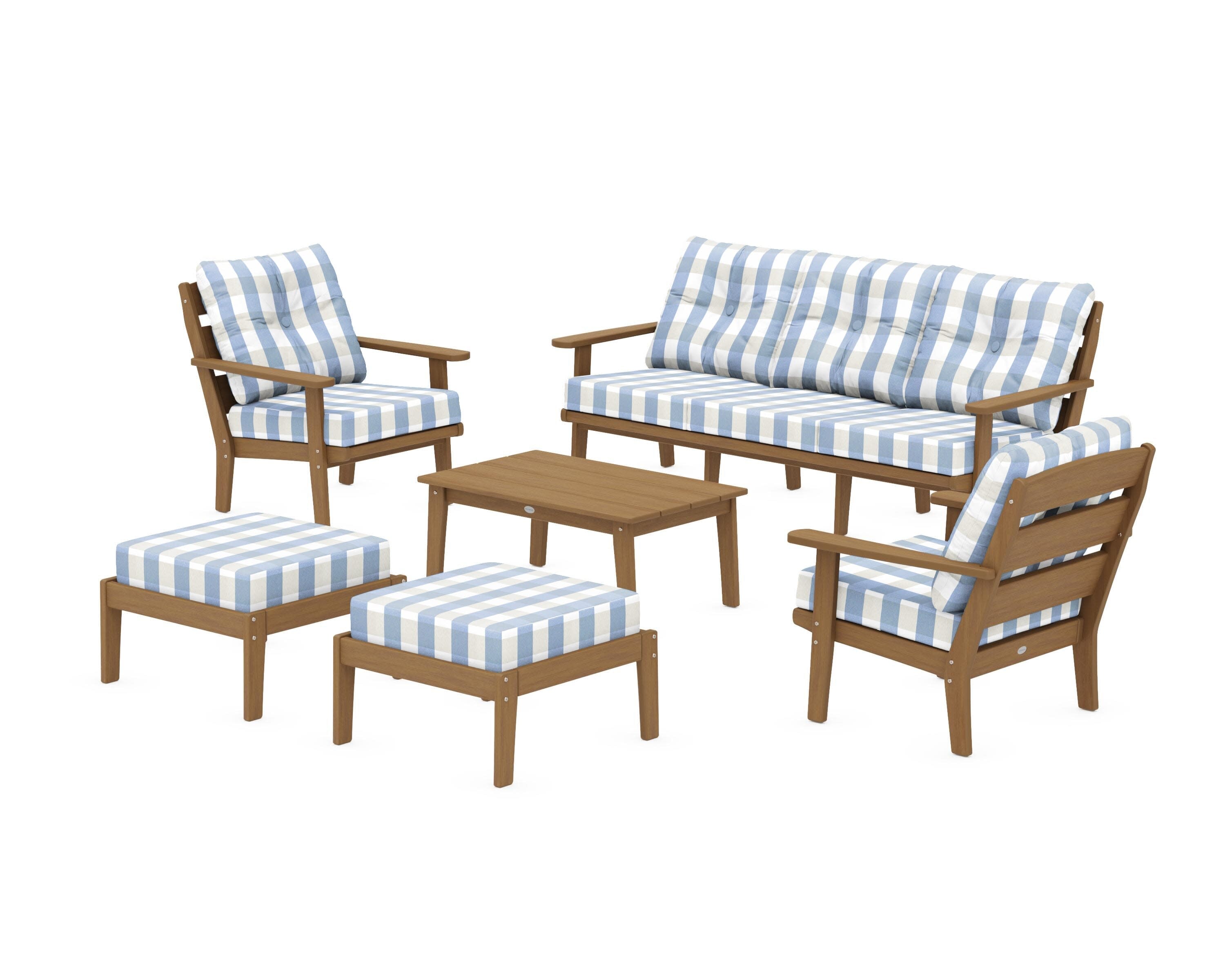 Lakeside 6-Piece Lounge Sofa Set in Natural / Buffalo Plaid Sky Blue