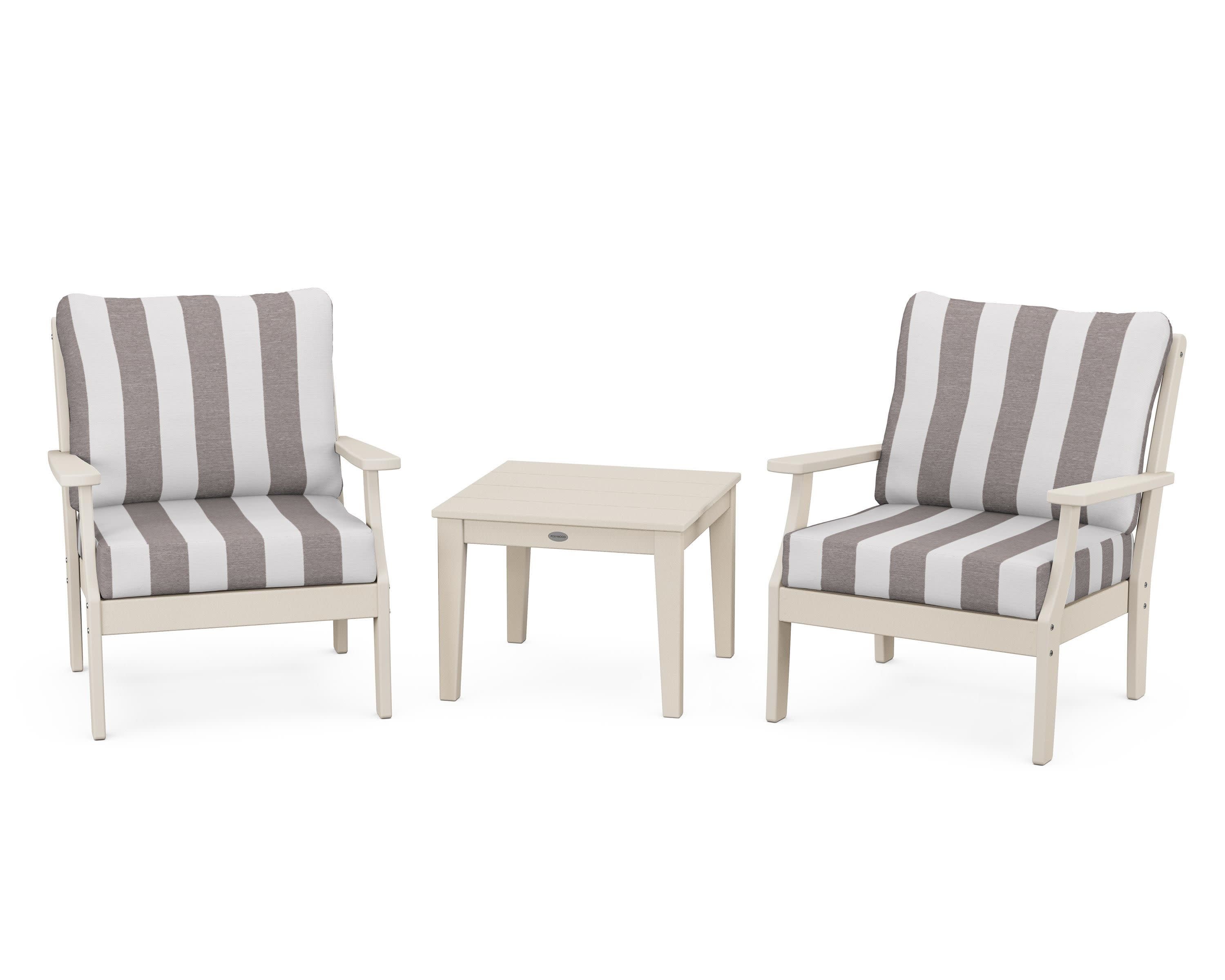 Braxton 3-Piece Deep Seating Set in Sand / Cabana Stripe Grey Mist