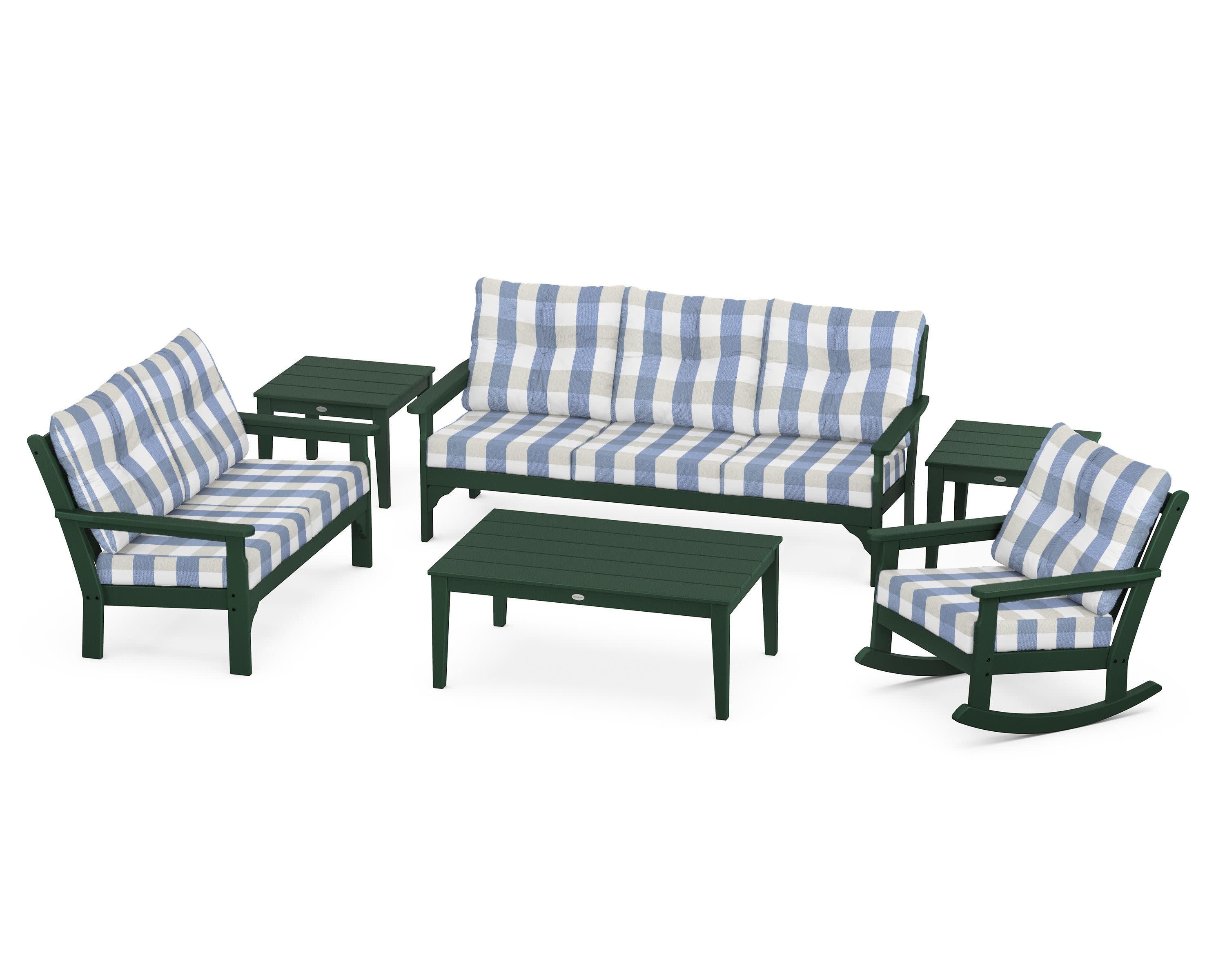 Vineyard 6-Piece Deep Seating Set in Green / Buffalo Plaid Sky Blue