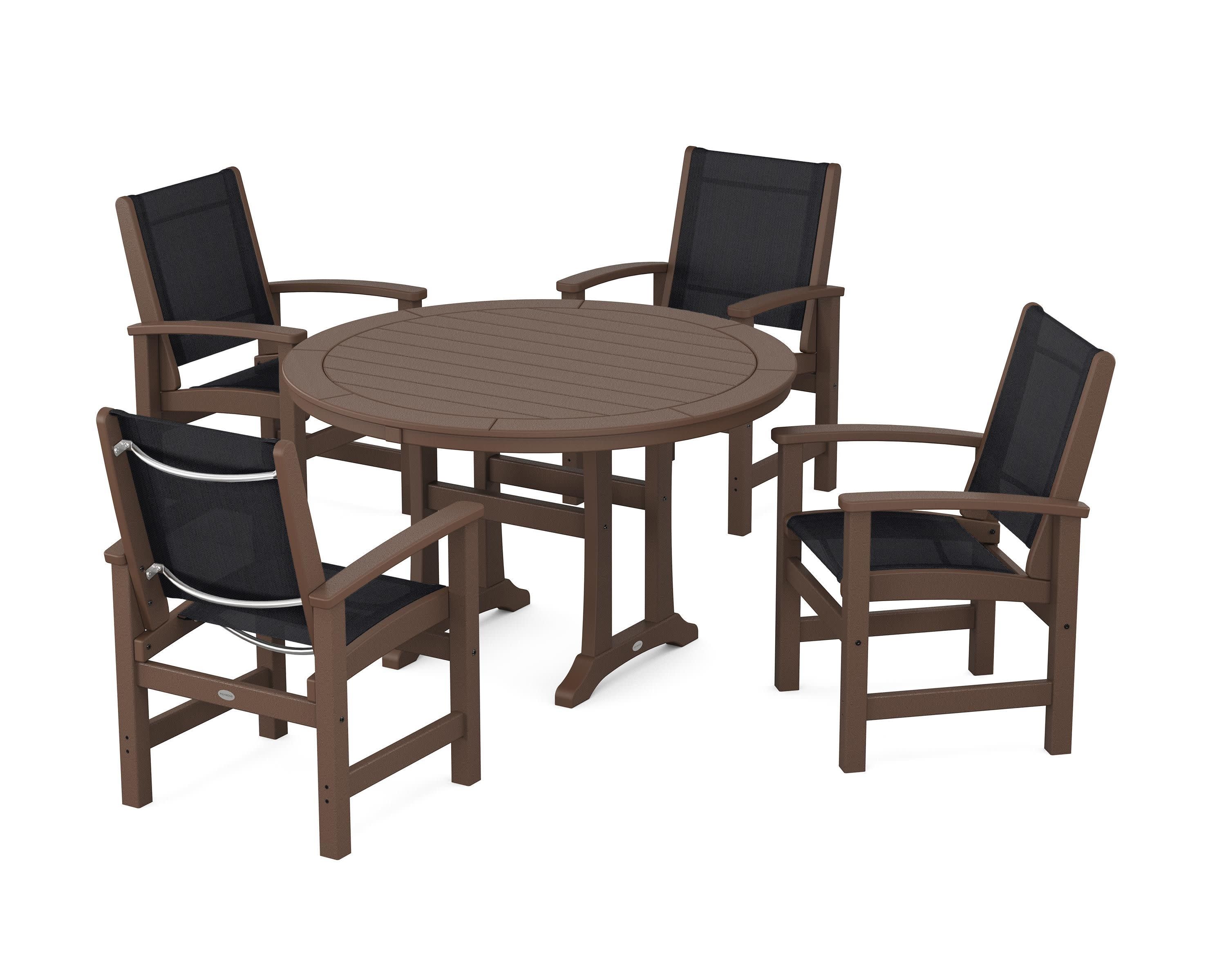 Coastal 5-Piece Round Dining Set with Trestle Legs in Mahogany / Black Sling