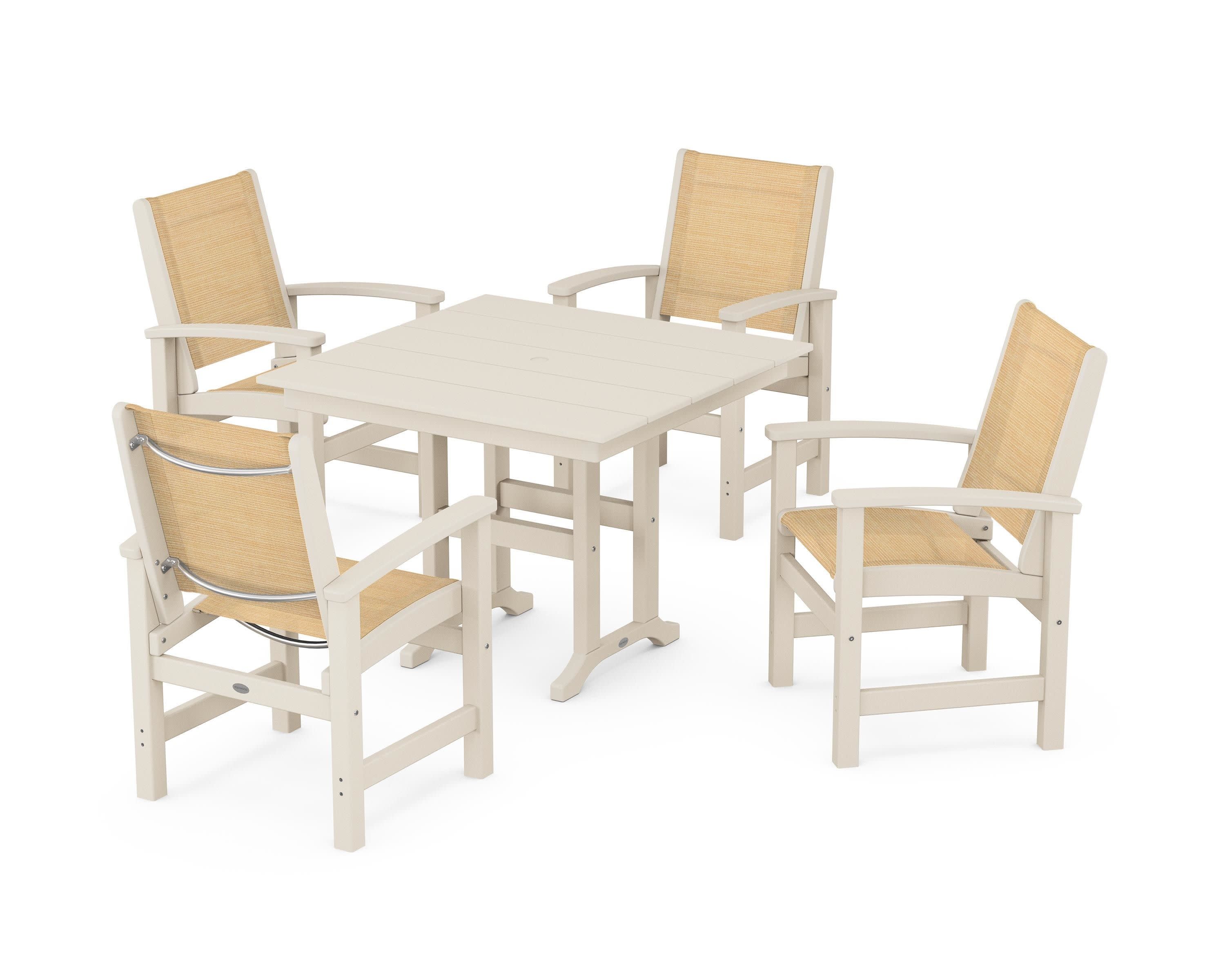 Coastal 5-Piece Farmhouse Dining Set in Sand / Dupioni Apricot Sling