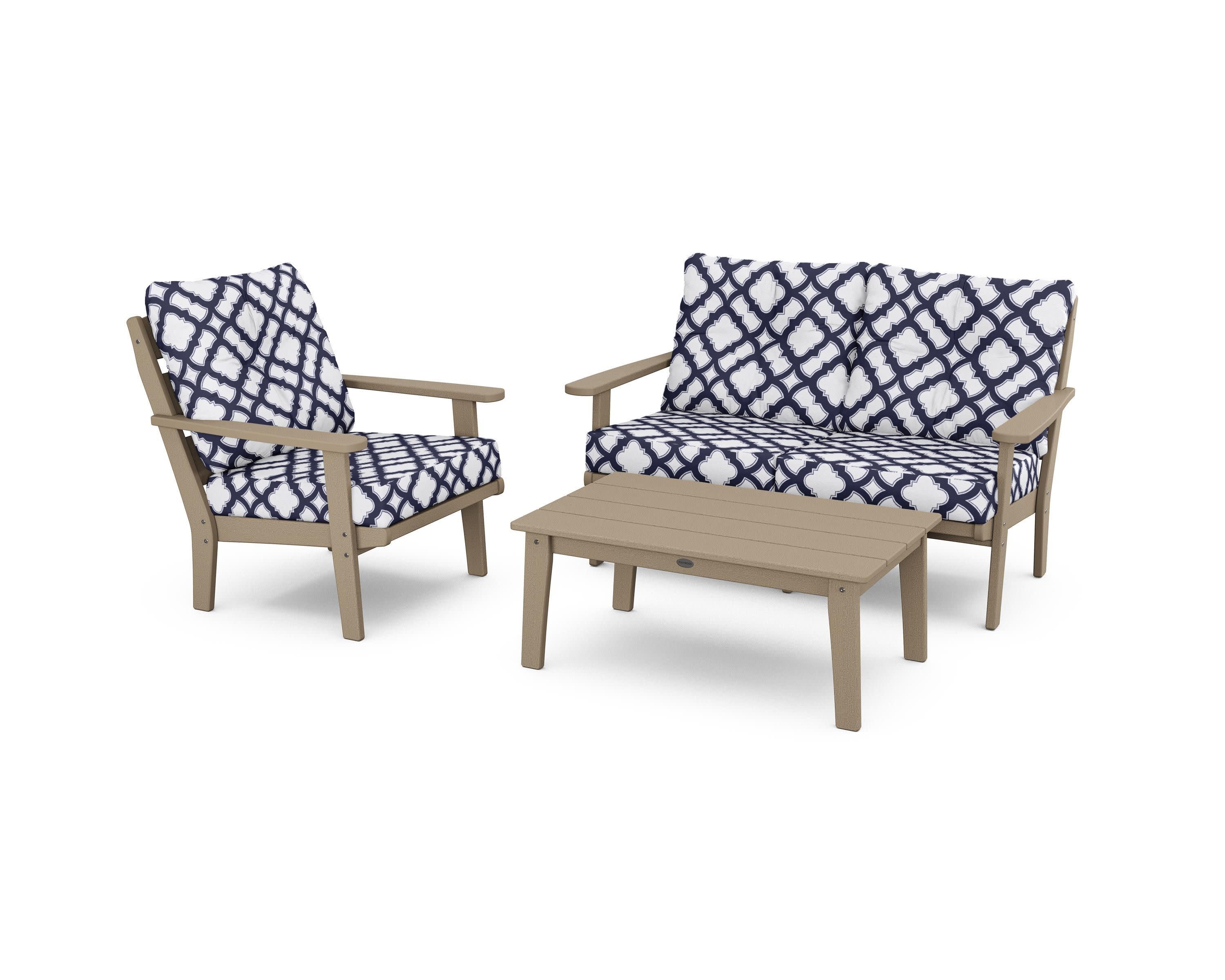Lakeside 3-Piece Deep Seating Set in Vintage Sahara / Trellis Navy