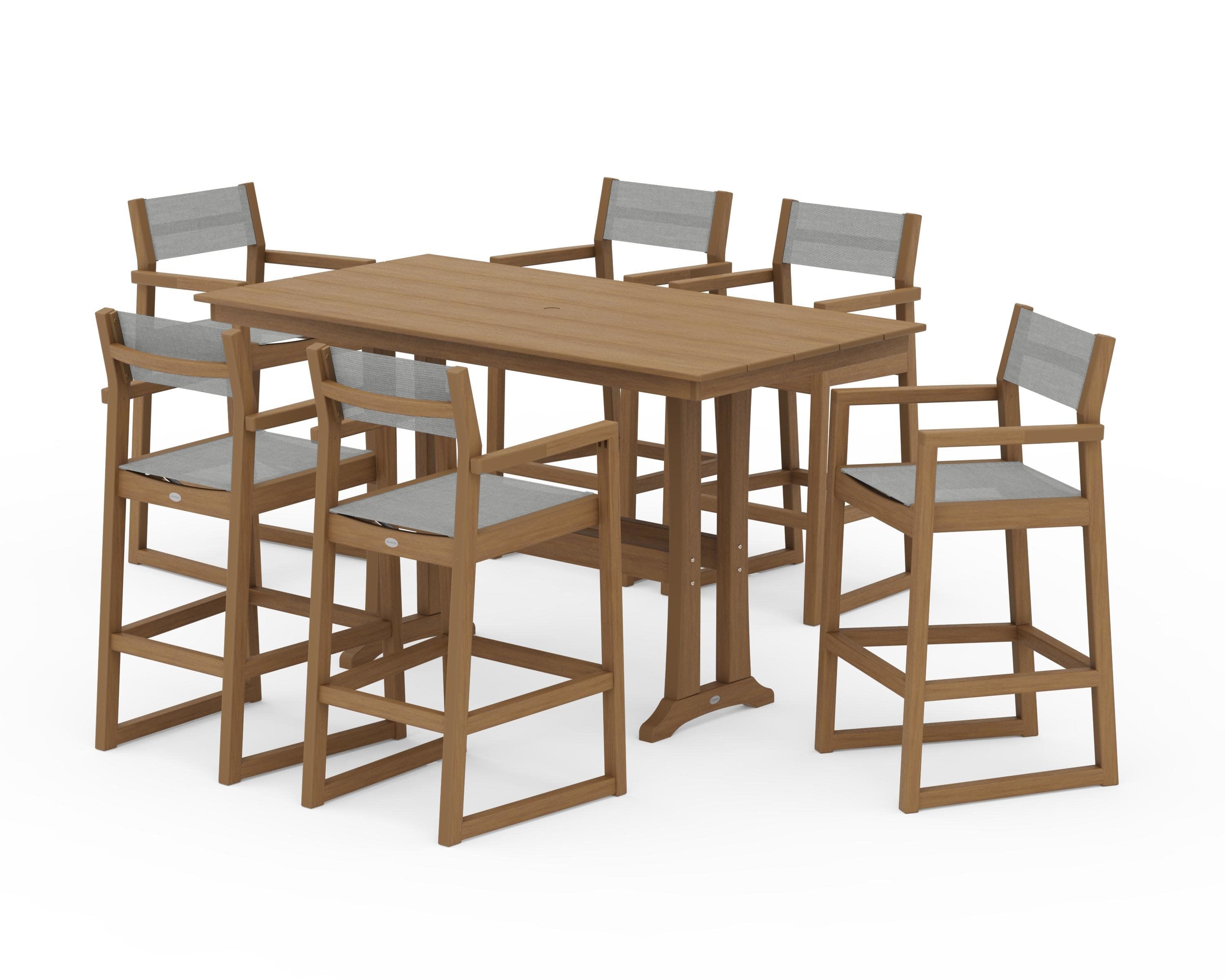 EDGE Sling Arm Chair 7-Piece Farmhouse Bar Set with Trestle Legs in Natural / Metallic Sling