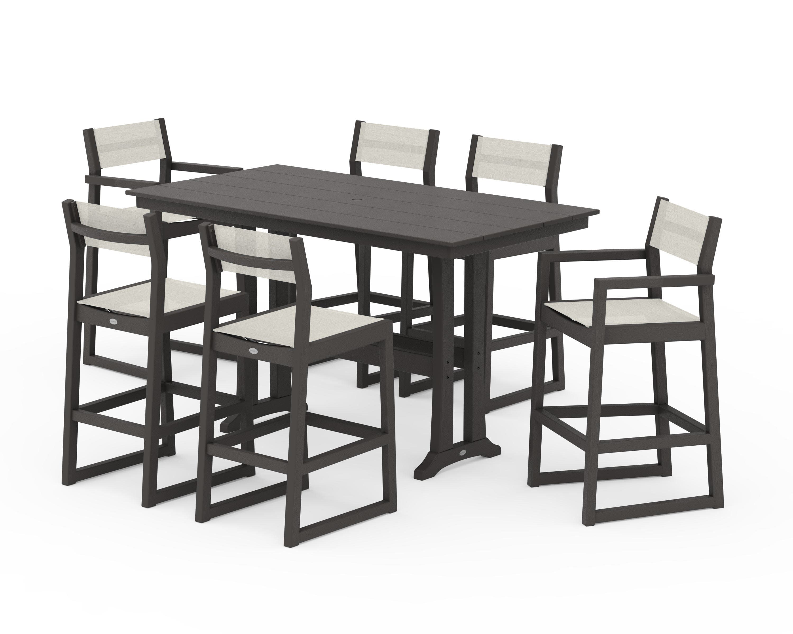 EDGE Sling 7-Piece Farmhouse Bar Set with Trestle Legs in Vintage Coffee / Parchment Sling