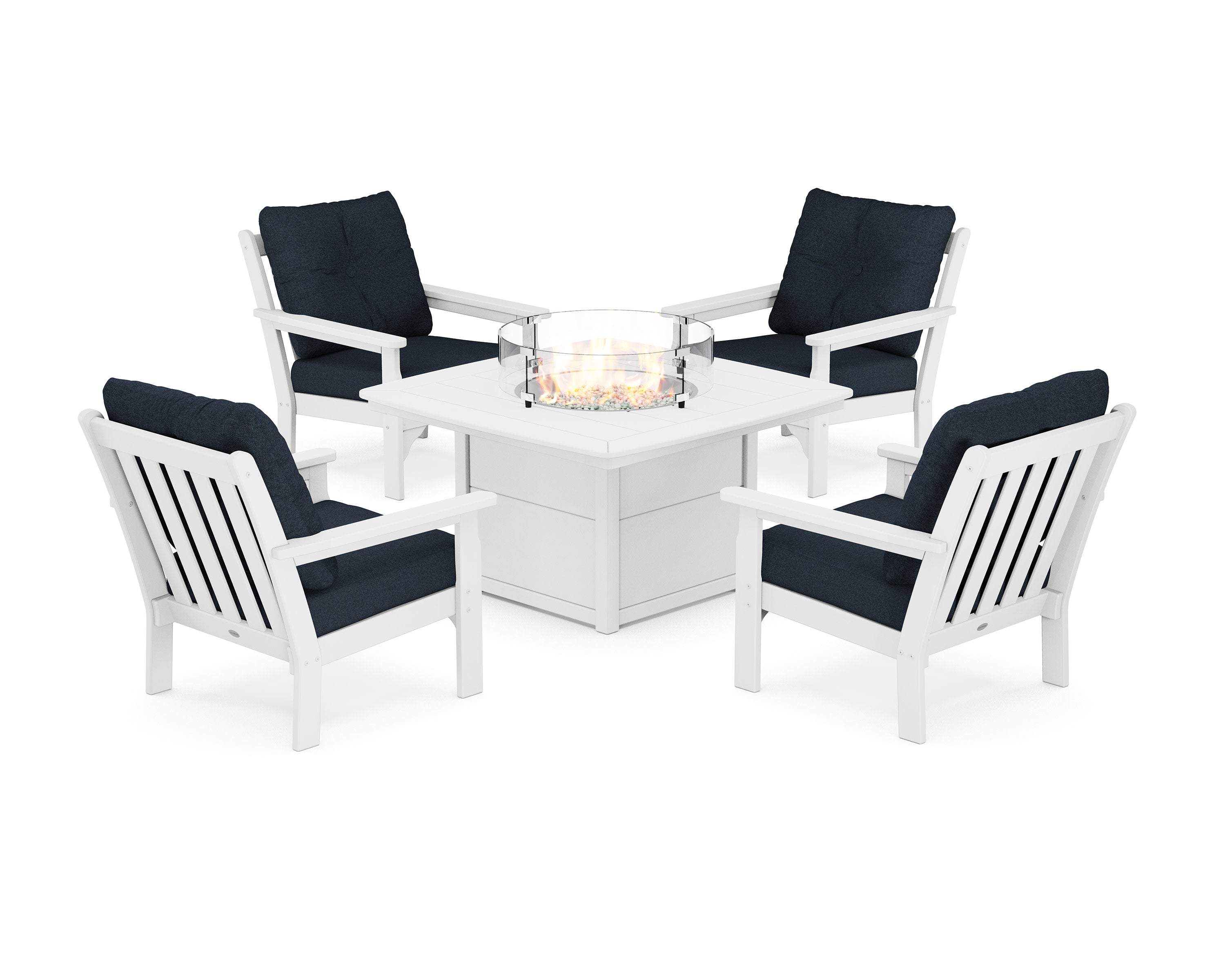 Vineyard 5-Piece Conversation Set with Fire Pit Table in White / Marine Indigo