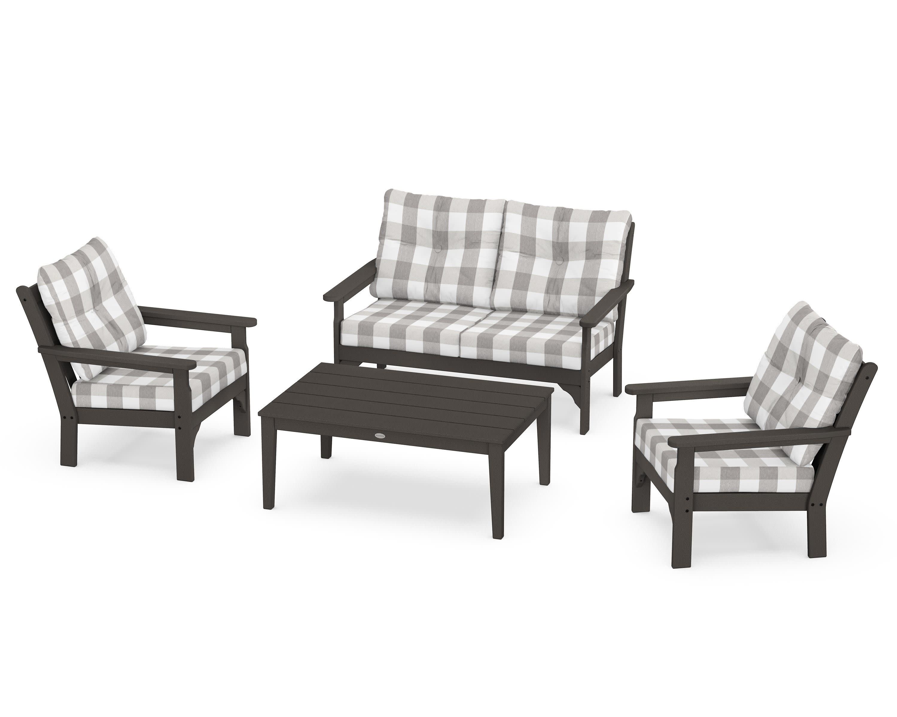 Vineyard 4-Piece Deep Seating Set in Vintage Coffee / Buffalo Plaid Grey Mist