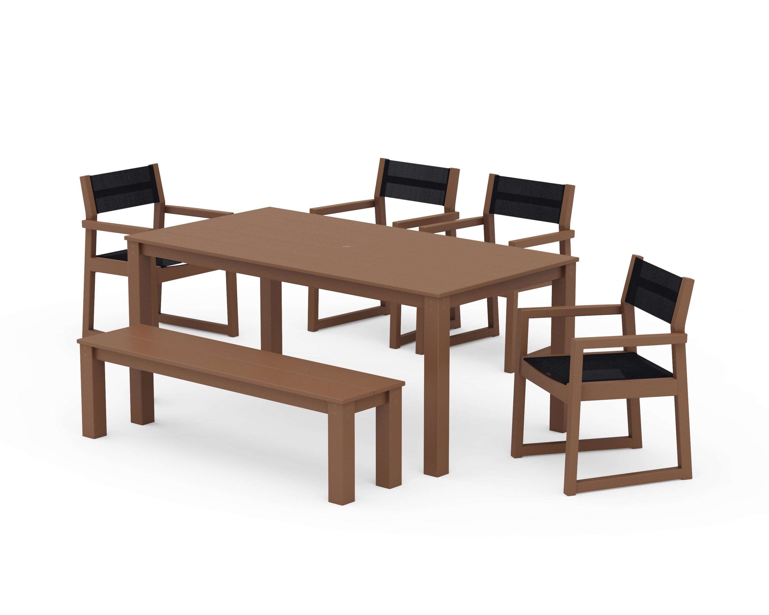 EDGE Sling Arm Chair 6-Piece Parsons Dining Set with Bench in Teak / Black Sling