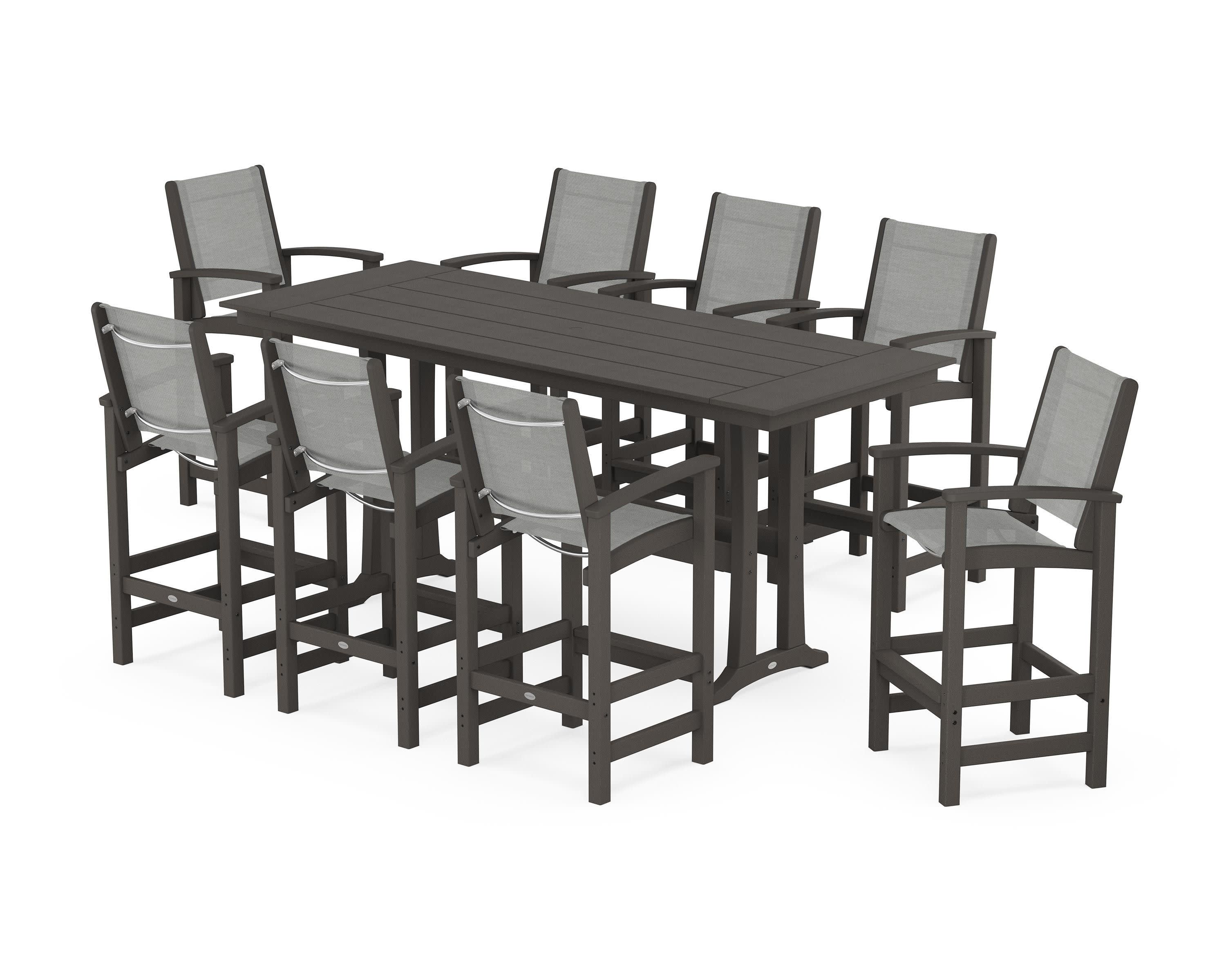 Coastal 9-Piece Farmhouse Bar Set with Trestle Legs in Vintage Coffee / Metallic Sling