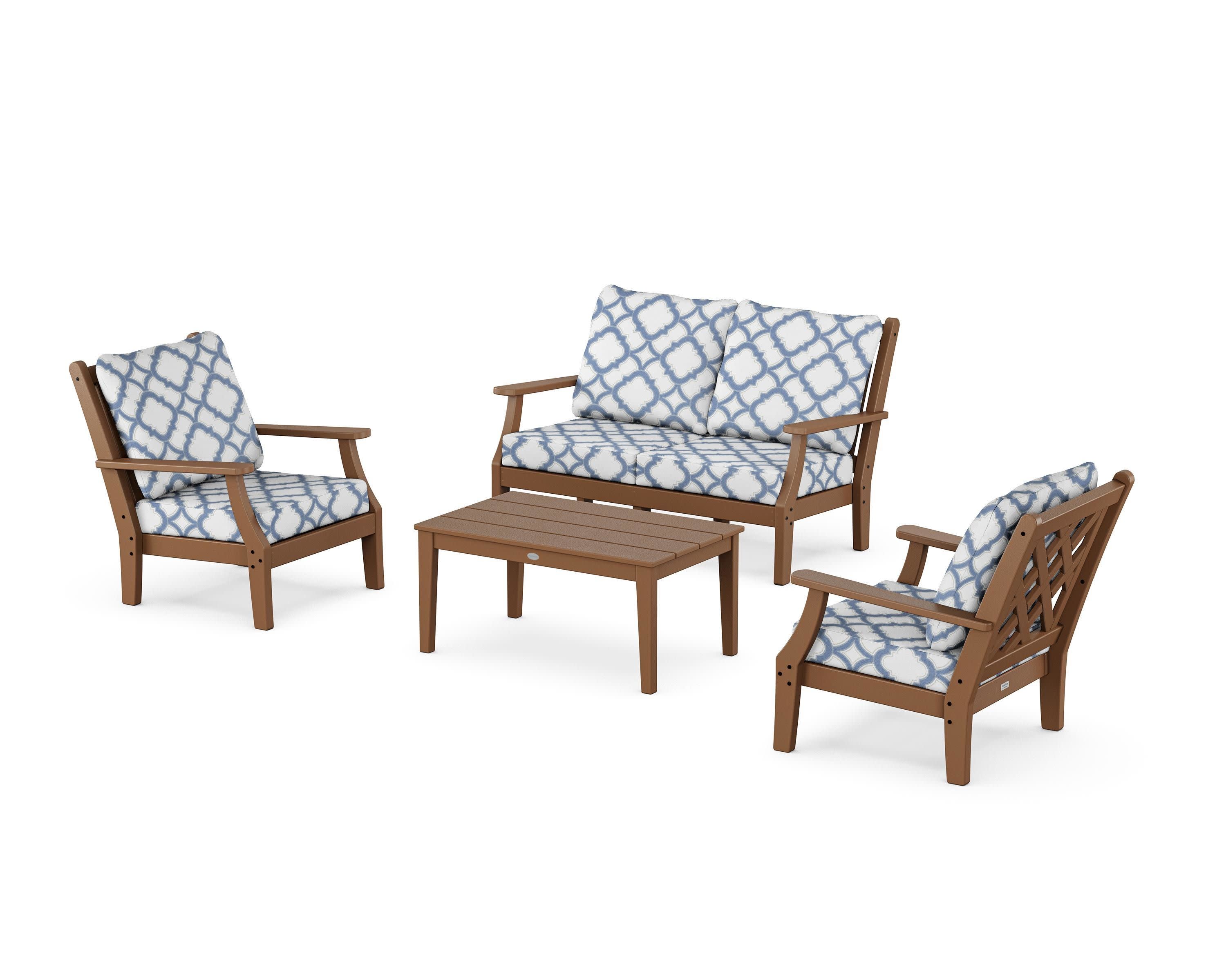 Wovendale 4-Piece Deep Seating Set with Loveseat in Teak / Trellis Sky Blue
