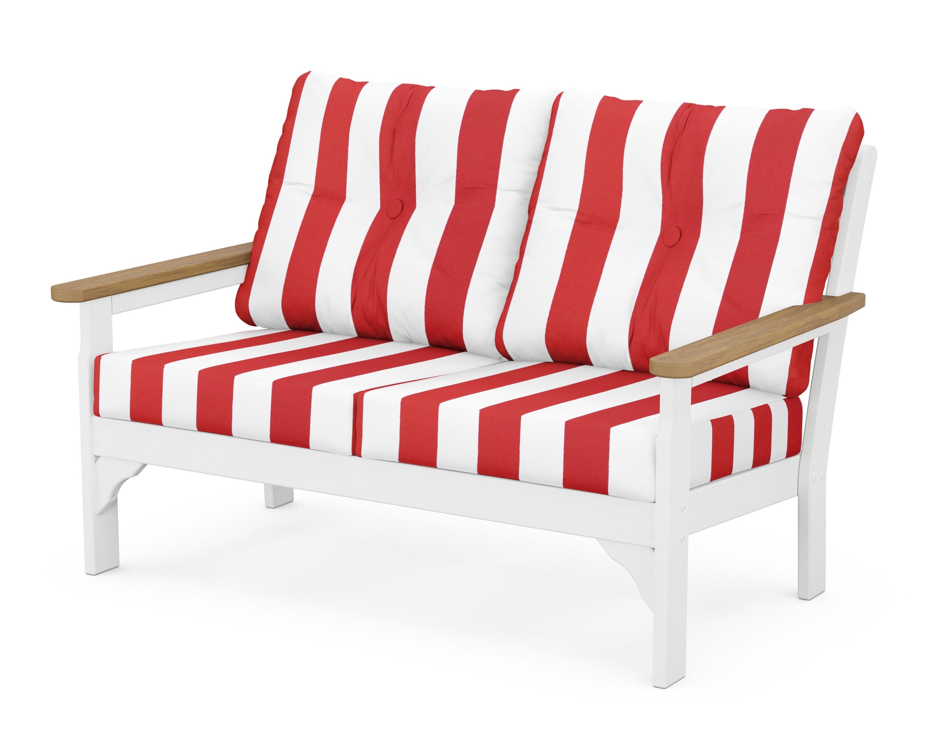 Vineyard Deep Seating Loveseat in White / Natural / Cabana Stripe Crimson