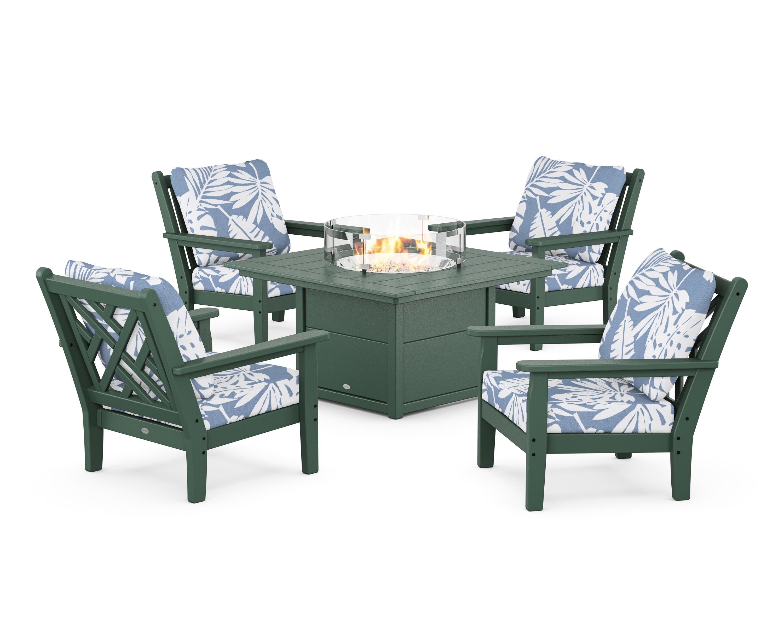 Chippendale 5-Piece Deep Seating Set with Fire Pit Table in Green / Leaf Sky Blue