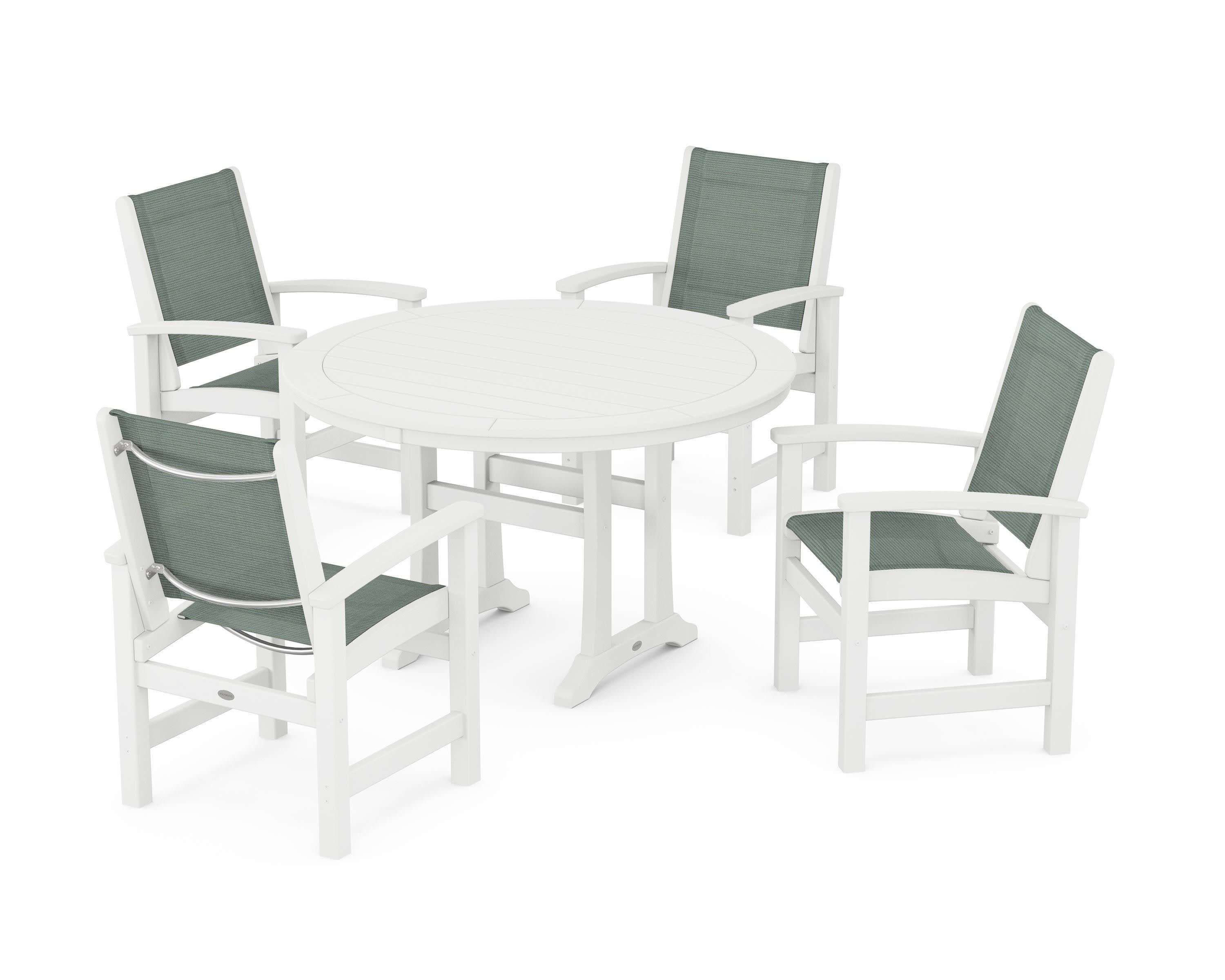 Coastal 5-Piece Round Dining Set with Trestle Legs in White / Dupioni Sea Mist Sling