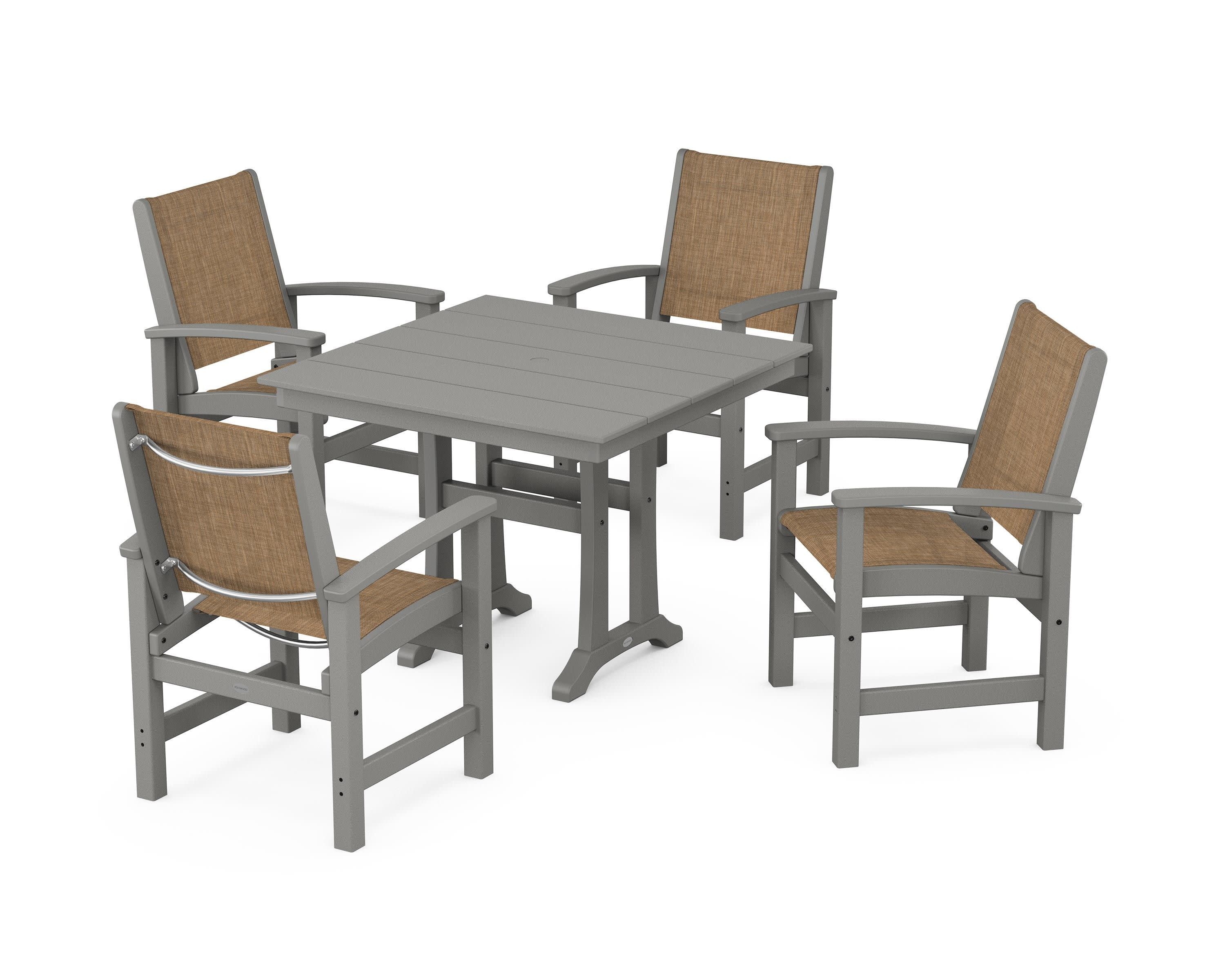 Coastal 5-Piece Farmhouse Dining Set With Trestle Legs in Slate Grey / Burlap Sling