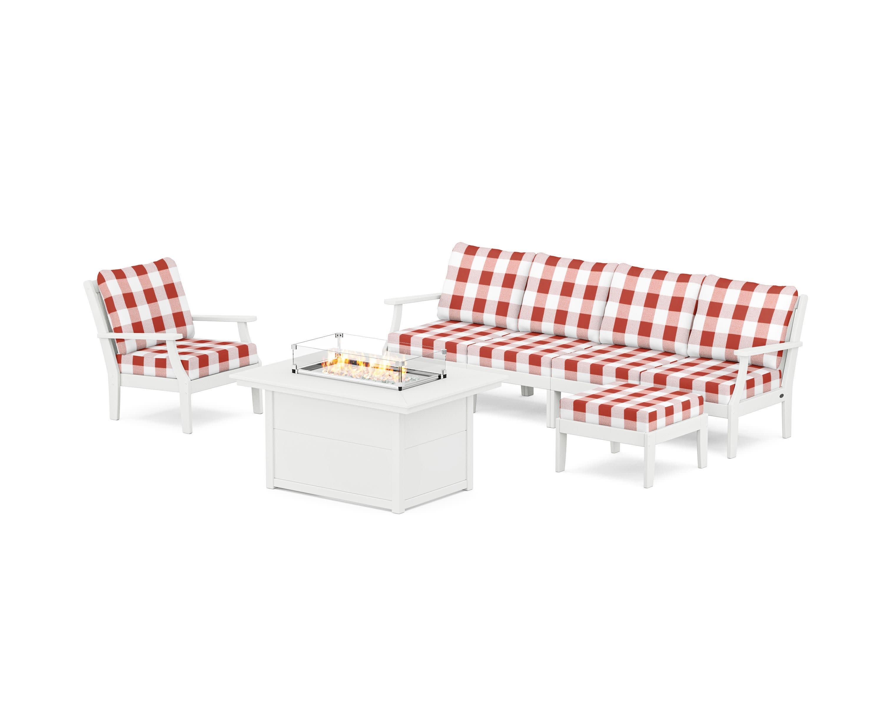Braxton Sectional Lounge and Fire Pit Set in White / Buffalo Plaid Crimson