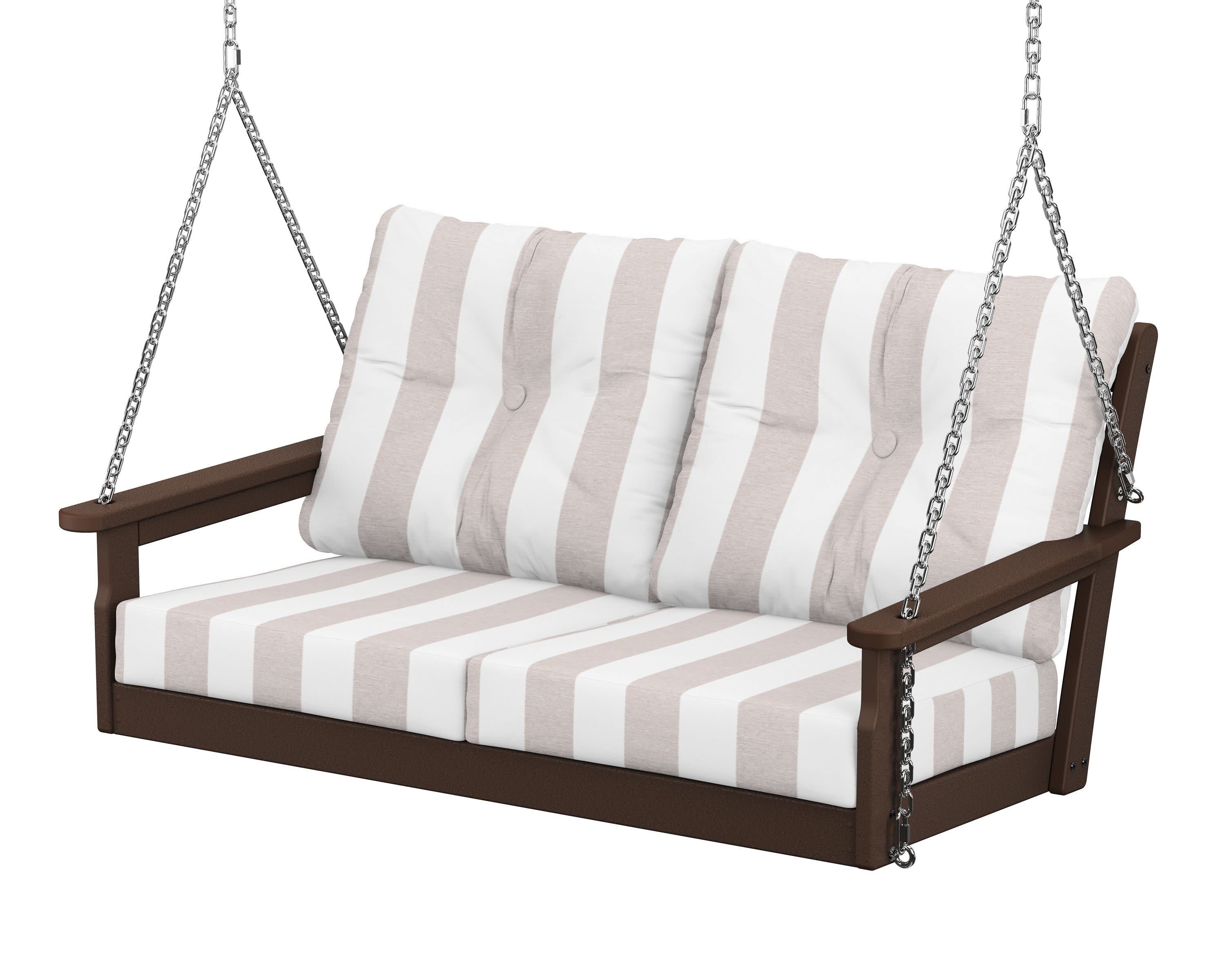 Vineyard Deep Seating Swing in Mahogany / Cabana Stripe Dune Burlap