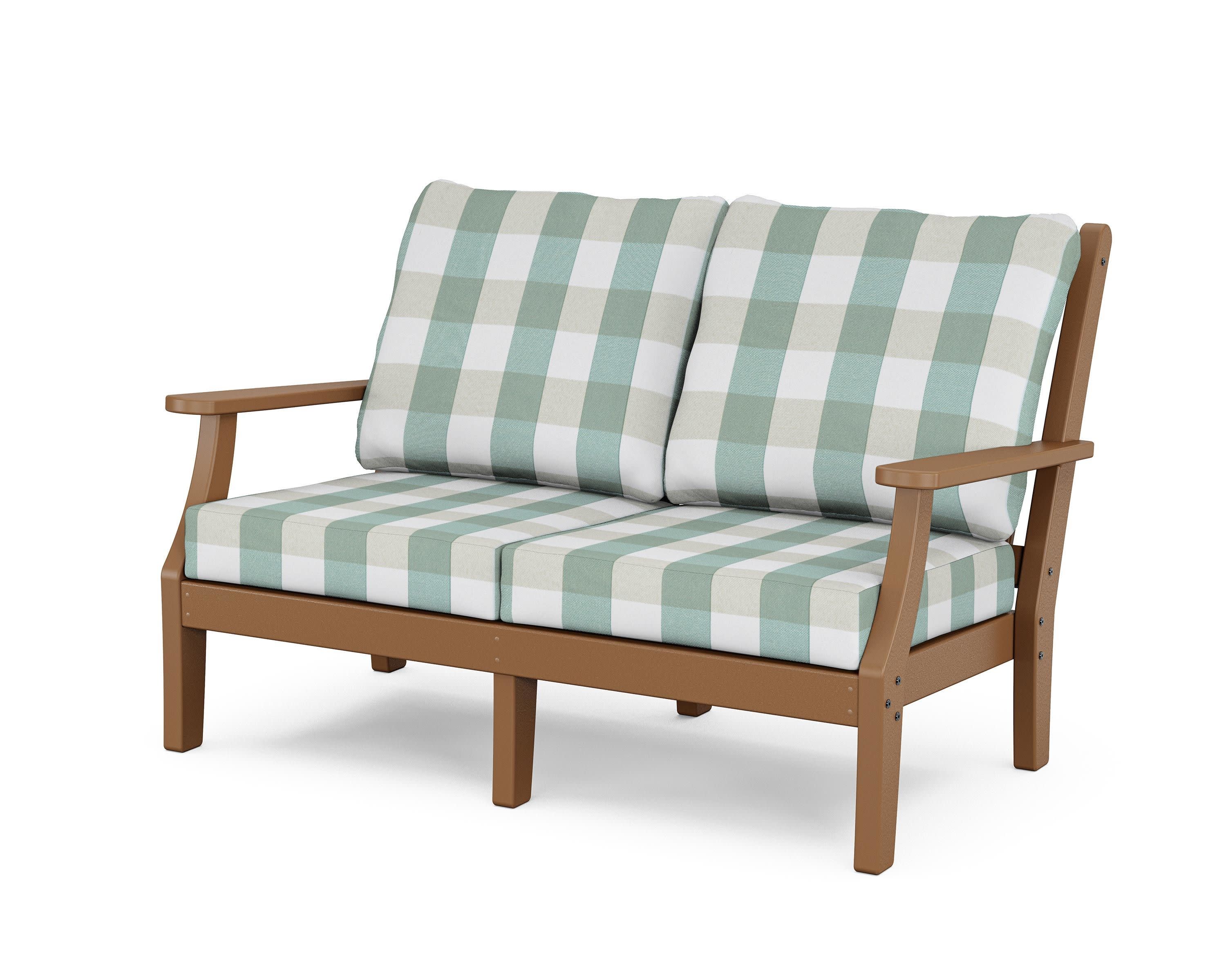 Wovendale Deep Seating Loveseat in Teak / Buffalo Plaid Glacier Spa