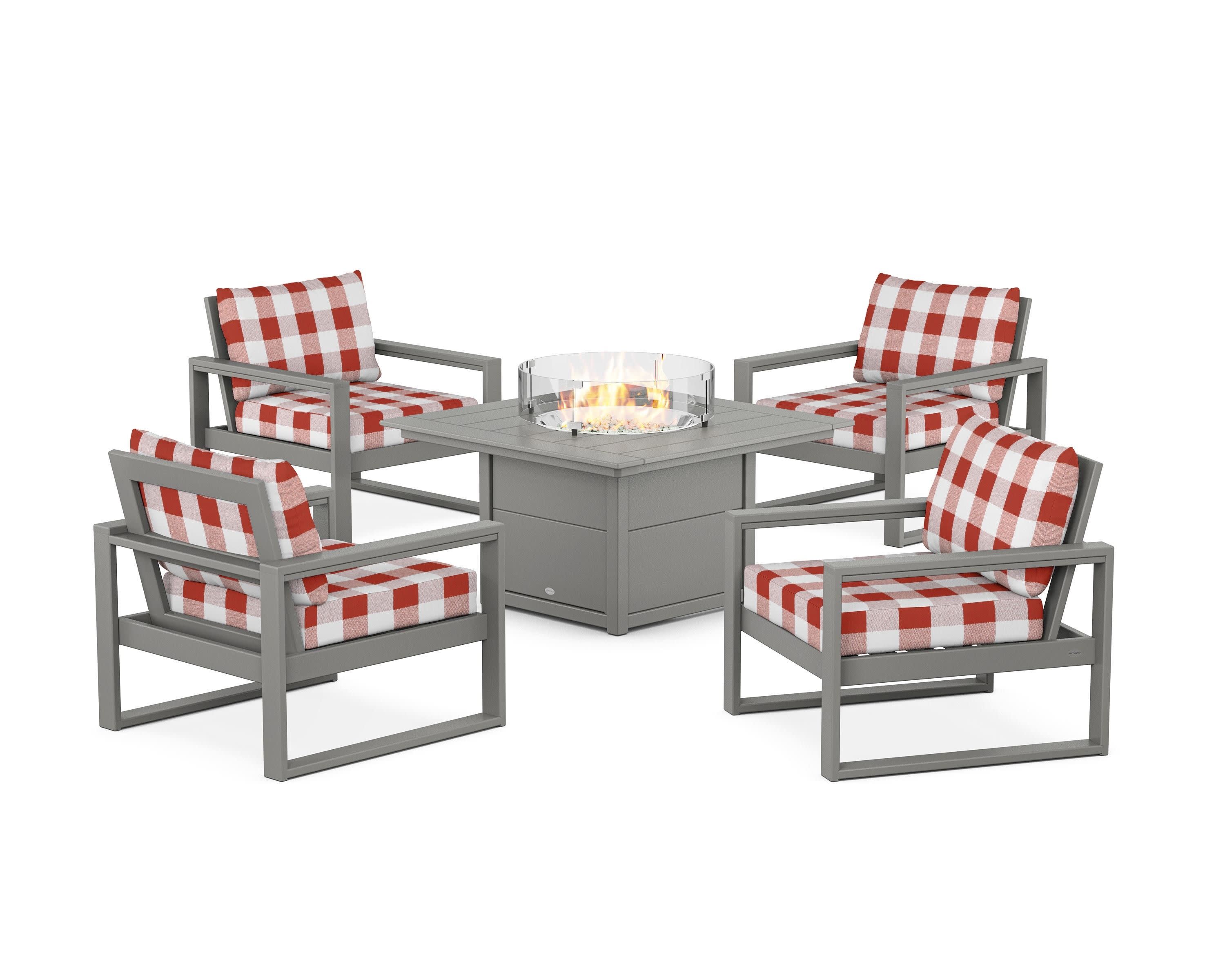 EDGE Sectional 5-Piece Deep Seating Set with Fire Pit Table in Slate Grey / Buffalo Plaid Crimson