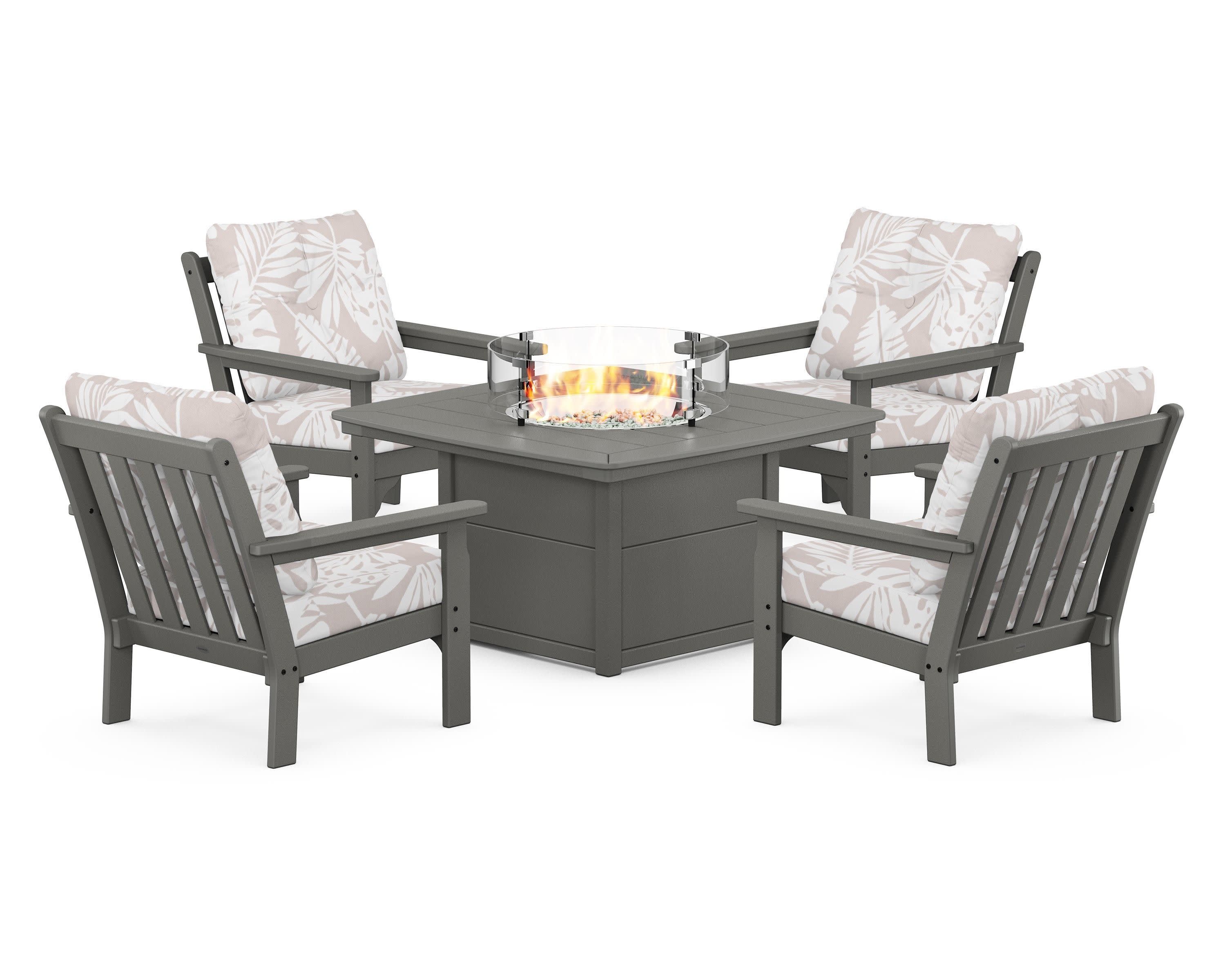 Vineyard 5-Piece Conversation Set with Fire Pit Table in Slate Grey / Leaf Dune Burlap
