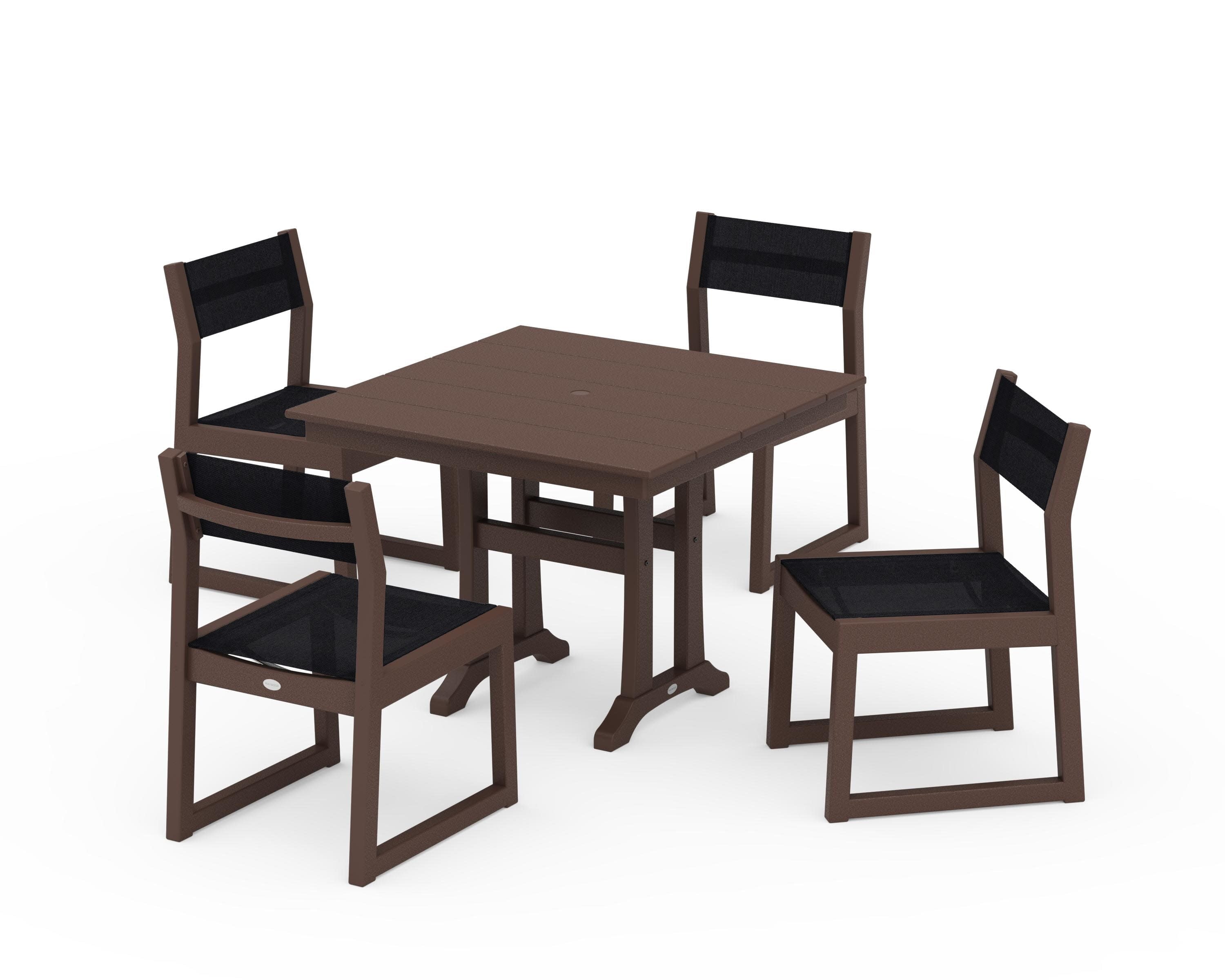 EDGE Sling 5-Piece Farmhouse Trestle Side Chair Dining Set in Mahogany / Black Sling