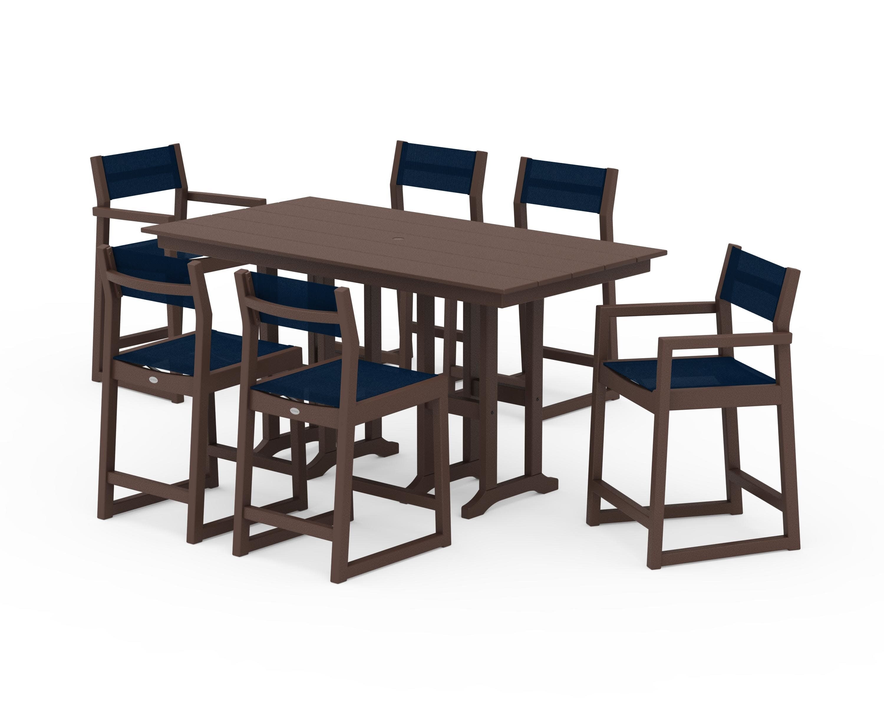 EDGE Sling 7-Piece Farmhouse Counter Set in Mahogany / Navy Blue Sling